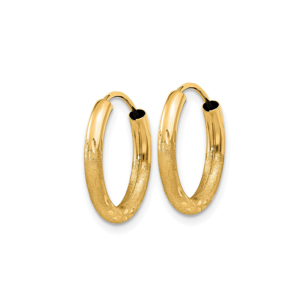 10k Yellow Gold Hoop Earrings, Round Textured Design with Diamond-Cut Finish, Hinged Closure