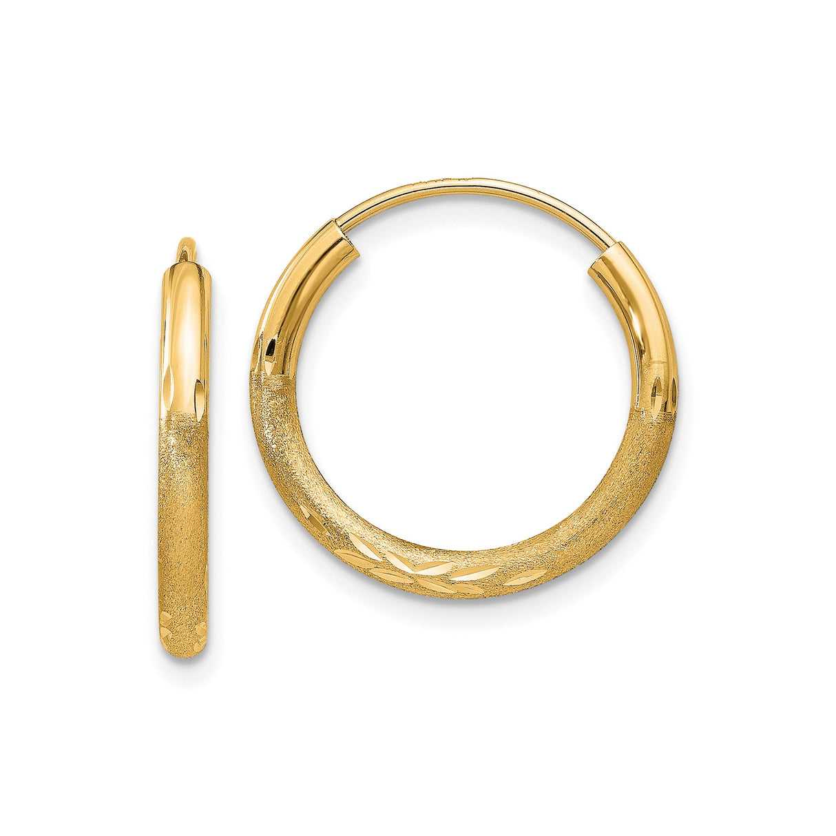 10k Yellow Gold Hoop Earrings, Brushed and Polished Round Design with Diamond-Cut Detail