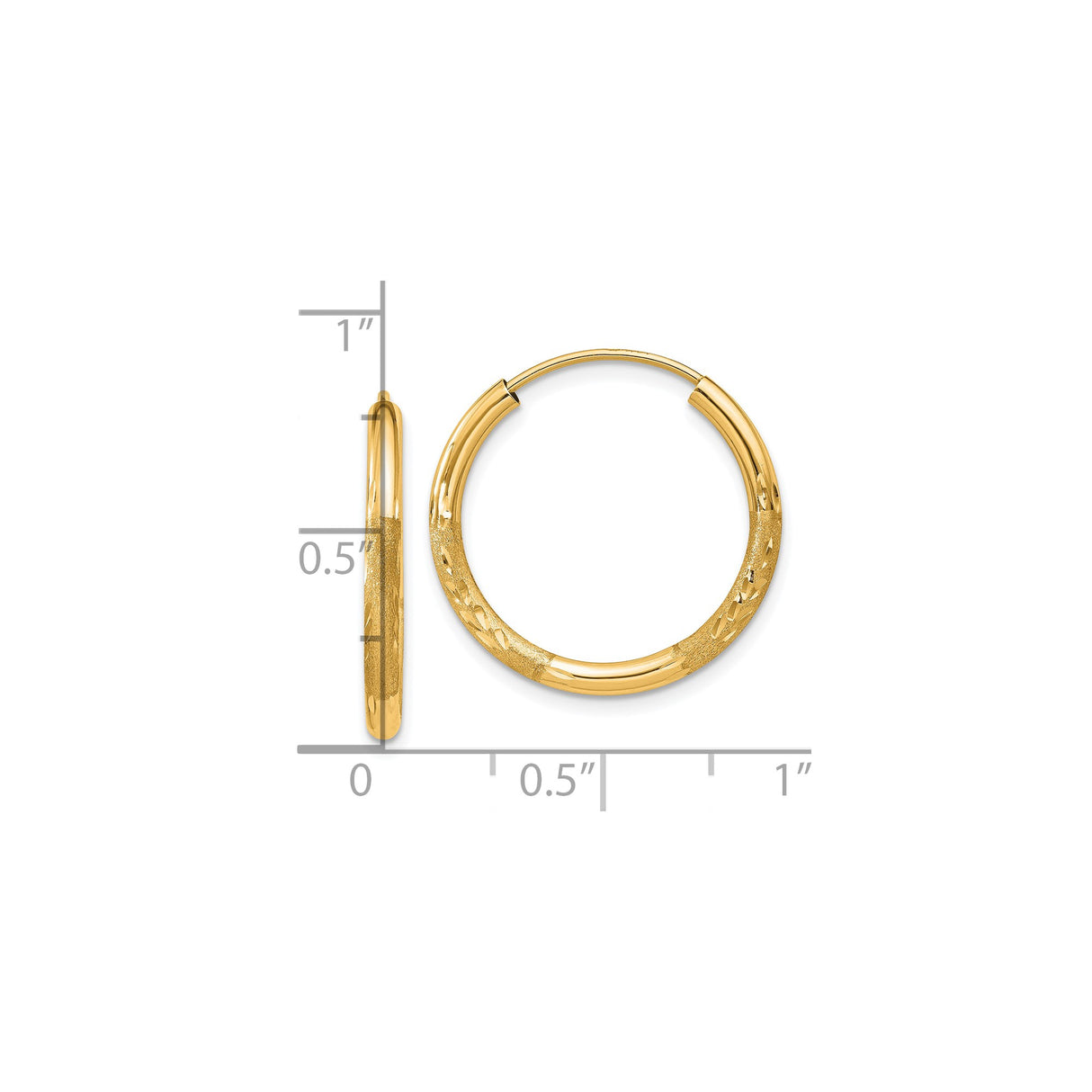 10k Yellow Gold Hoop Earrings, Textured Diamond Cut Round Hoops with Satin and Polished Finish