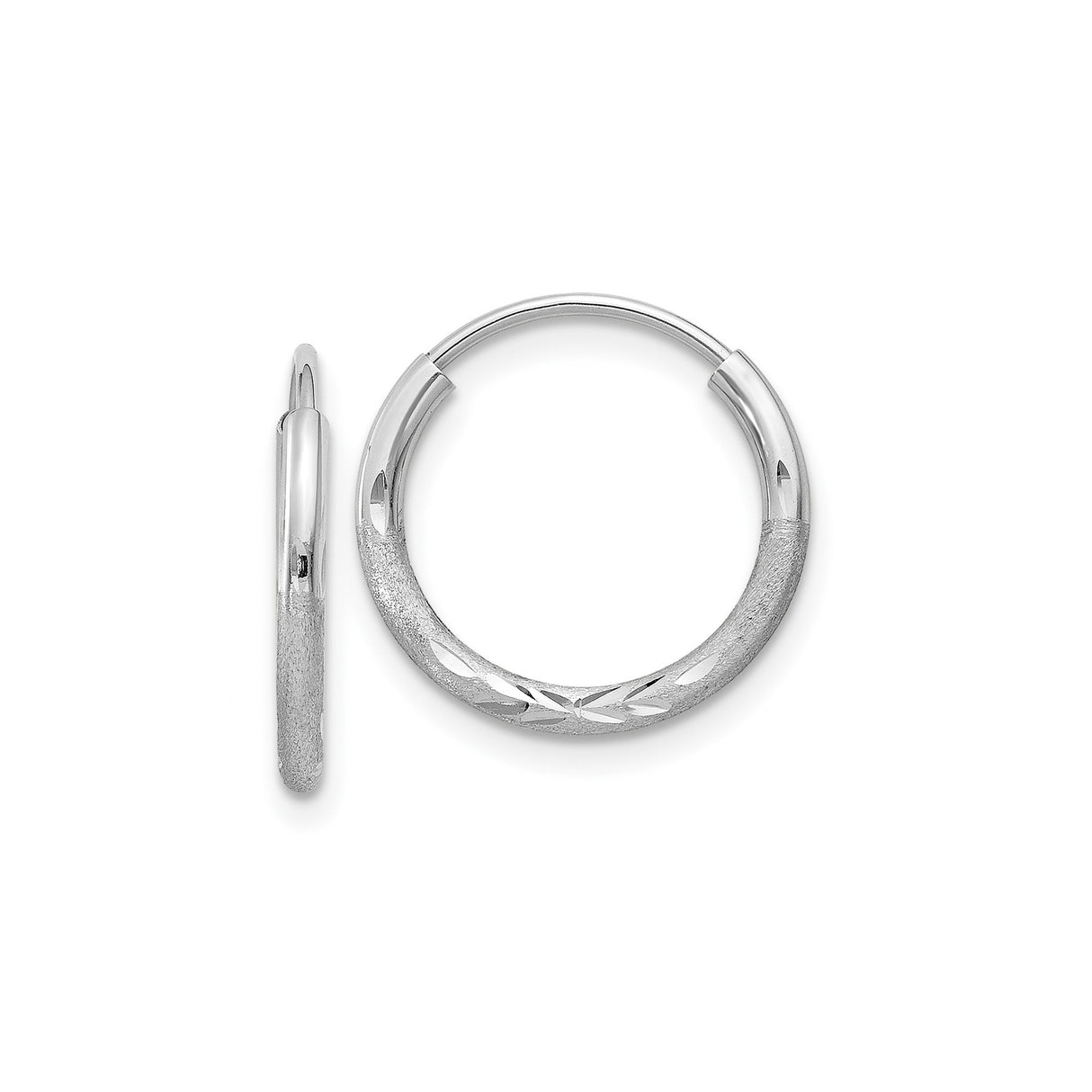 10k White Gold Hoop Earrings with Diamond Cut Floral Pattern and Polished Finish