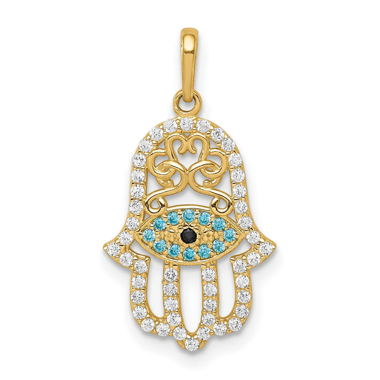 10k Yellow Gold Hamsa Hand Pendant with Evil Eye Symbol and Cubic Zirconia Accents