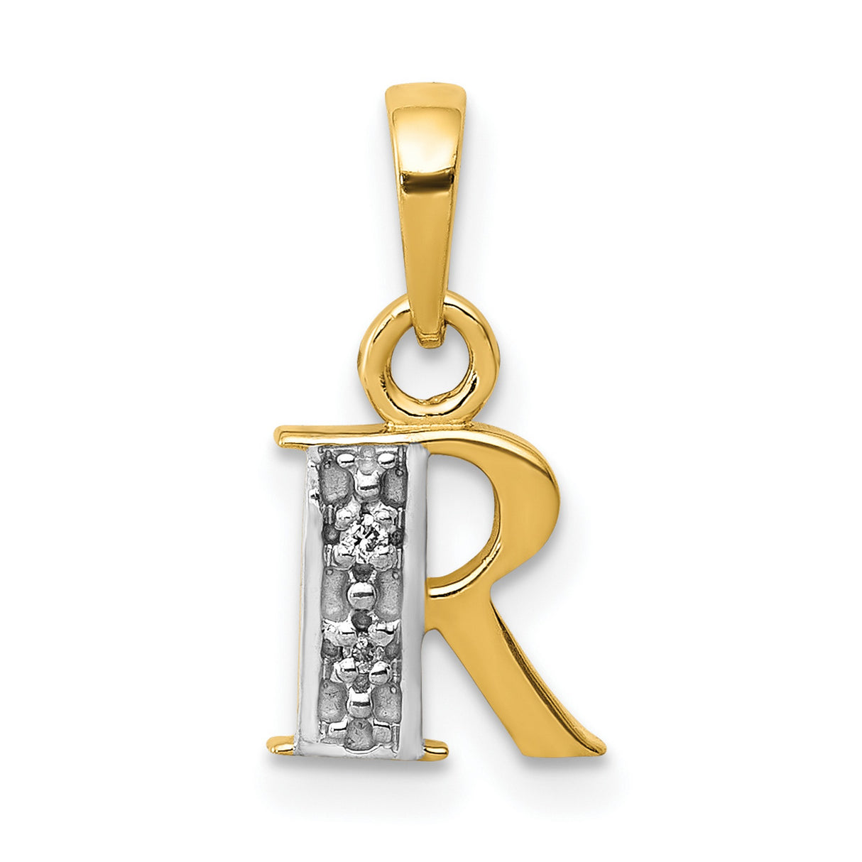 10k Multi-Tone Gold Pendant with Diamond, Letter R Initial Charm, Rhodium Accents