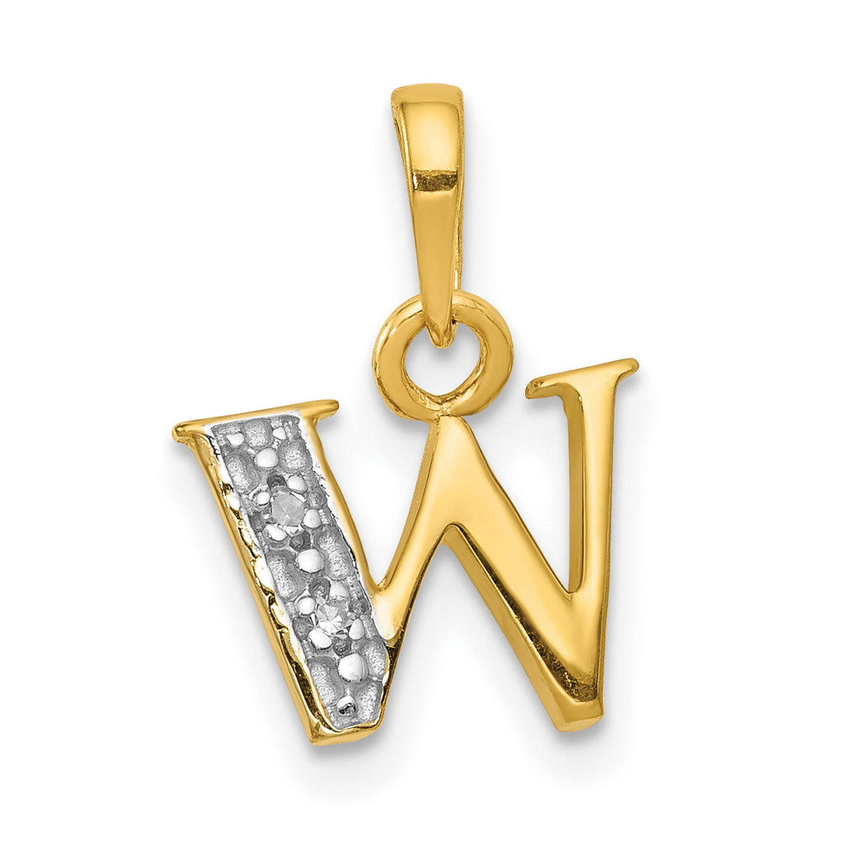 10k Multi-Tone Gold W Initial Pendant with Diamond and Rhodium Textured Accent