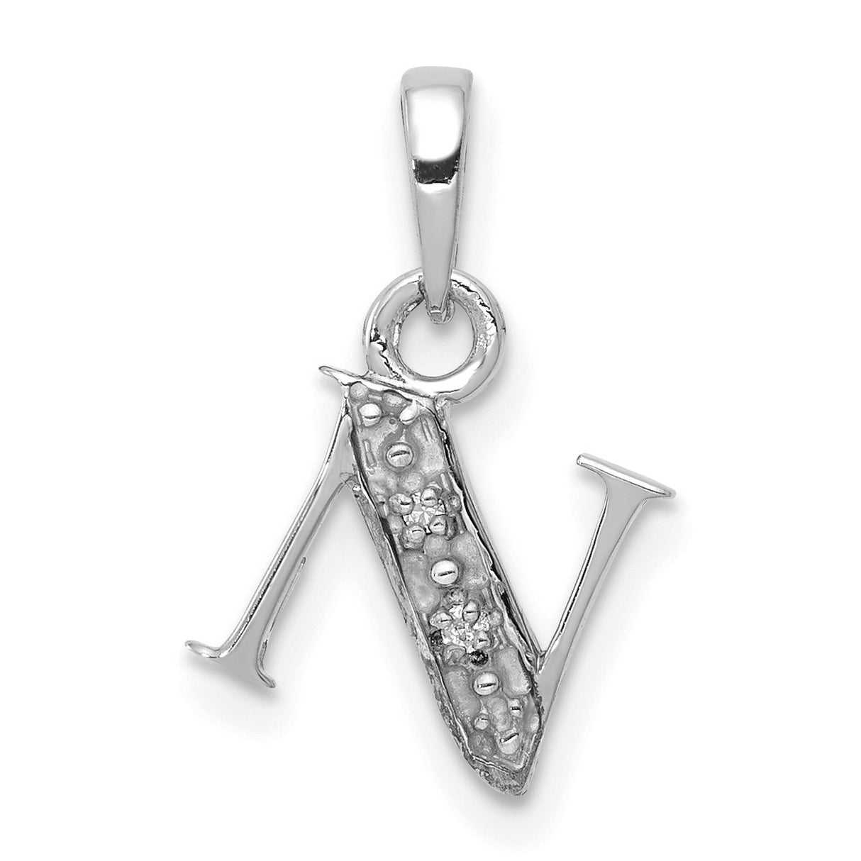 10k White Gold Letter N Pendant with Diamond Accents, Polished and Textured Finish
