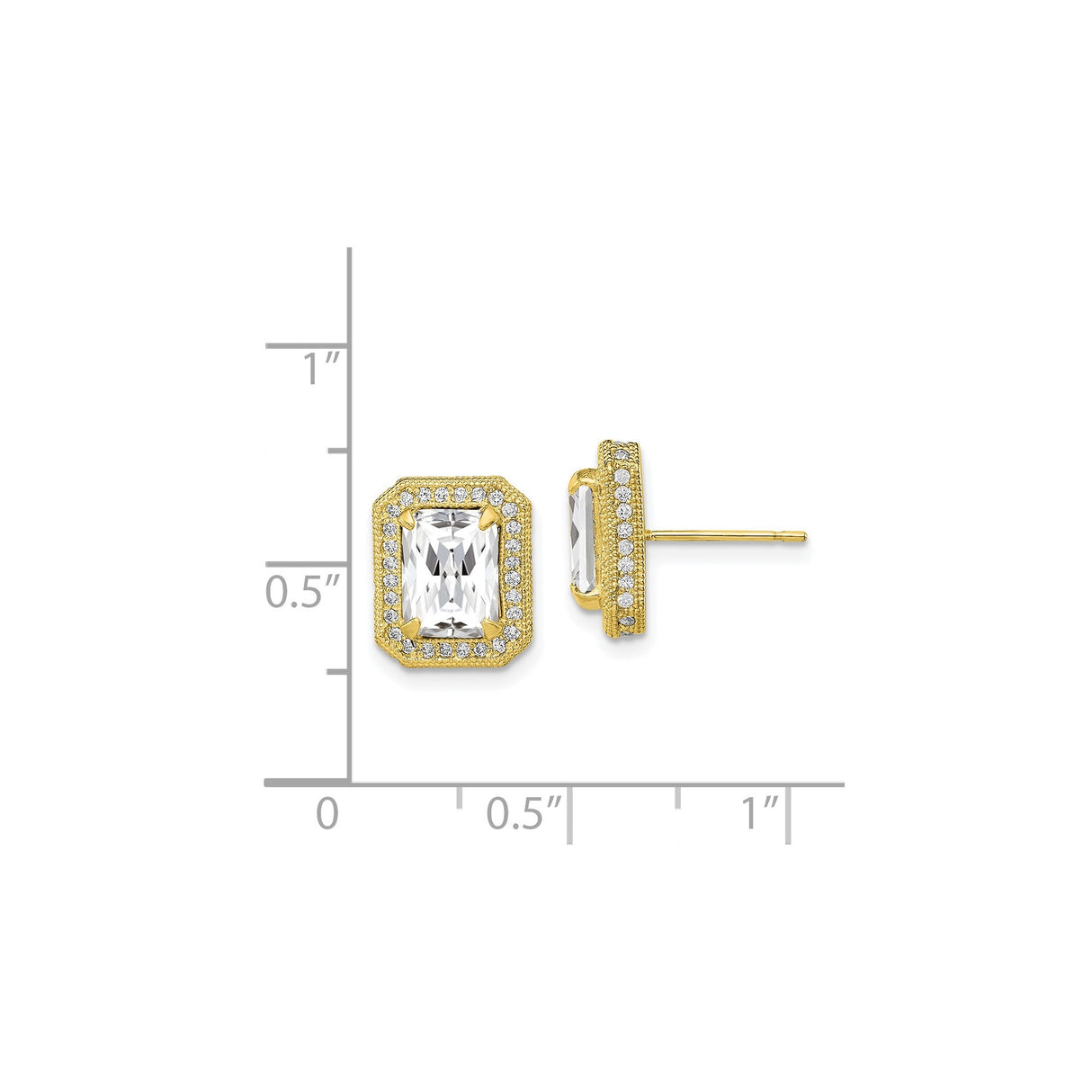 10k Yellow Gold Stud Earrings with Emerald Cut Cubic Zirconia and Double Halo Design