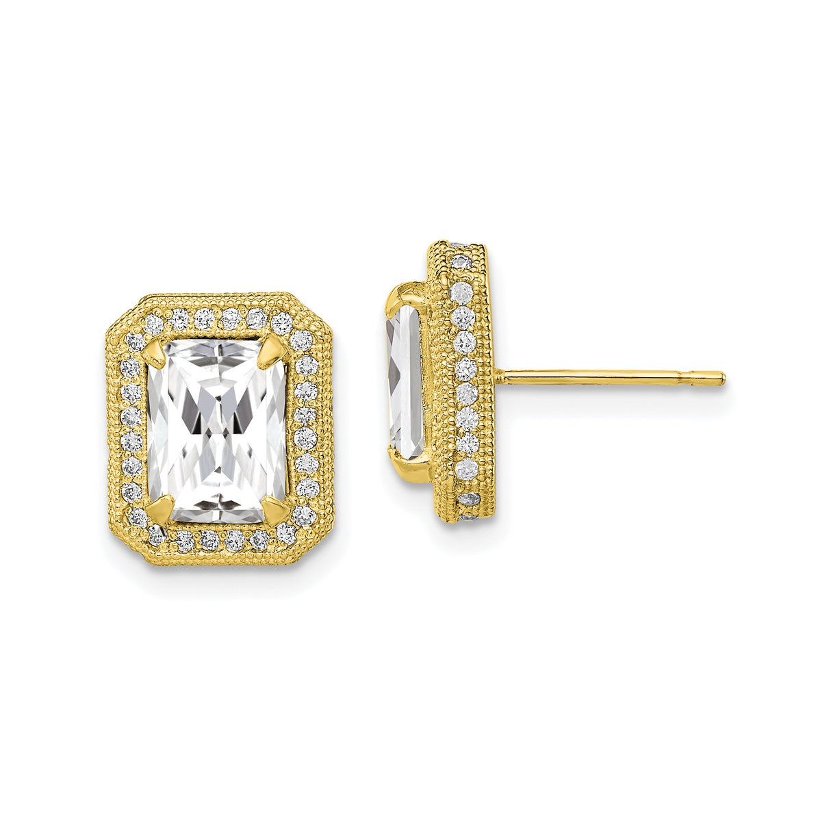 10k Yellow Gold Stud Earrings with Emerald Cut Cubic Zirconia and Double Halo Design
