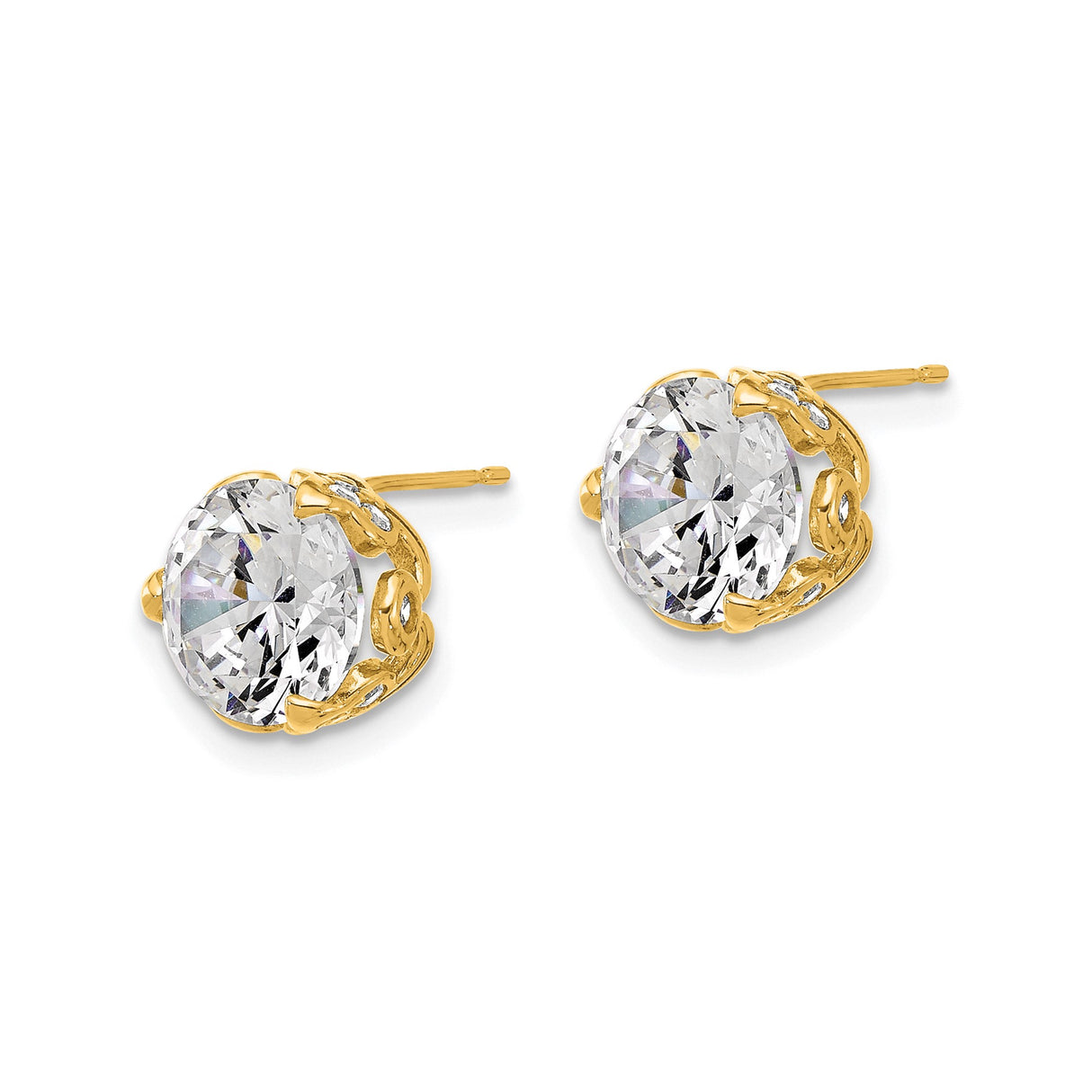 10k Yellow Gold Stud Earrings with Large Round Cubic Zirconia and Filigree Prong Setting