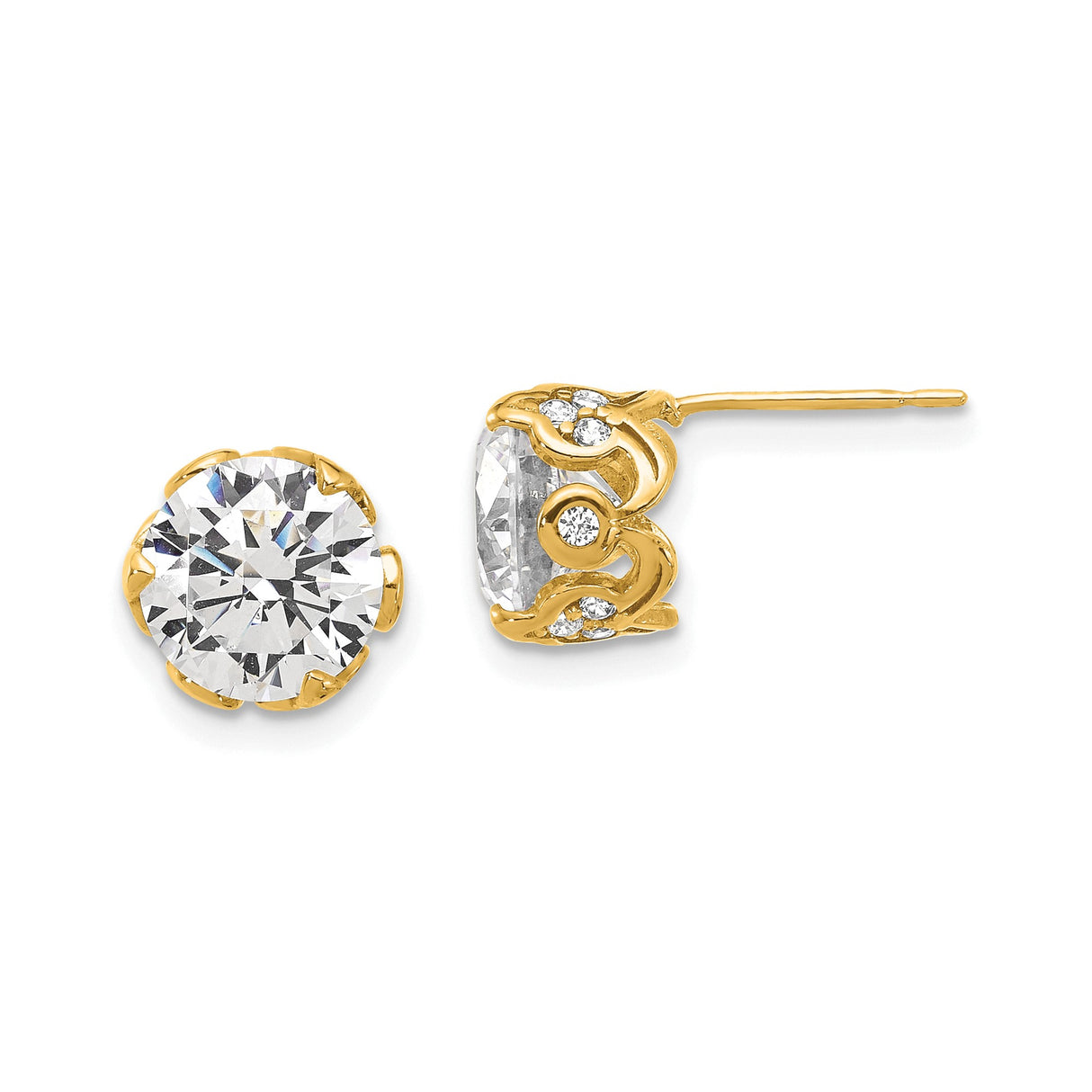 10k Yellow Gold Stud Earrings with Large Round Cubic Zirconia and Filigree Prong Setting