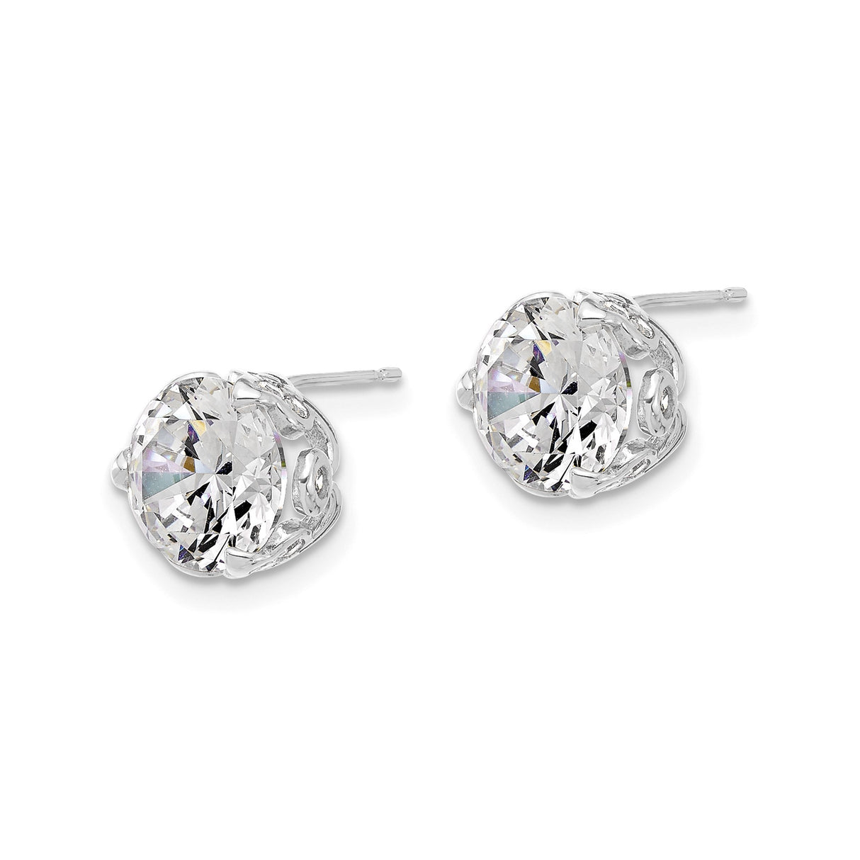 10k White Gold Stud Earrings with Round Cut Cubic Zirconia, Sculpted Scrollwork, Accent Stones
