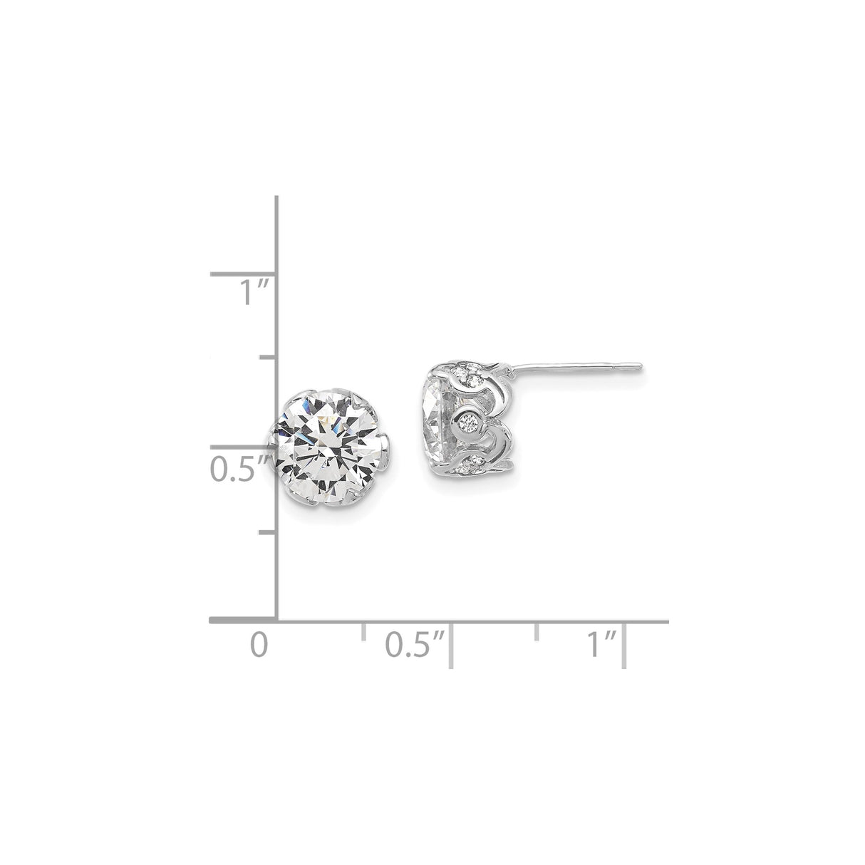 10k White Gold Stud Earrings with Round Cut Cubic Zirconia, Sculpted Scrollwork, Accent Stones