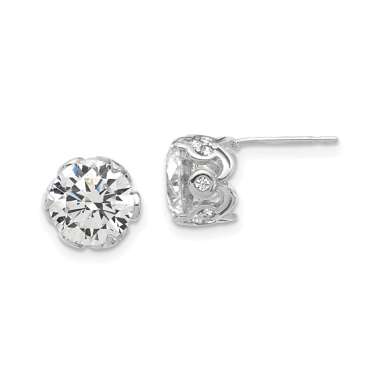 10k White Gold Stud Earrings with Round Cut Cubic Zirconia, Sculpted Scrollwork, Accent Stones