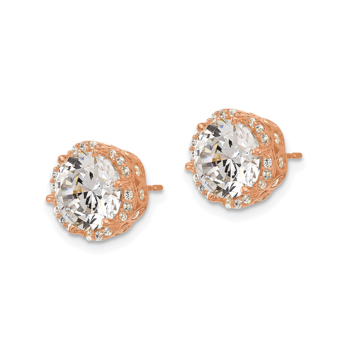 10k Rose Gold Stud Earrings with Round Cut Cubic Zirconia and Halo Setting