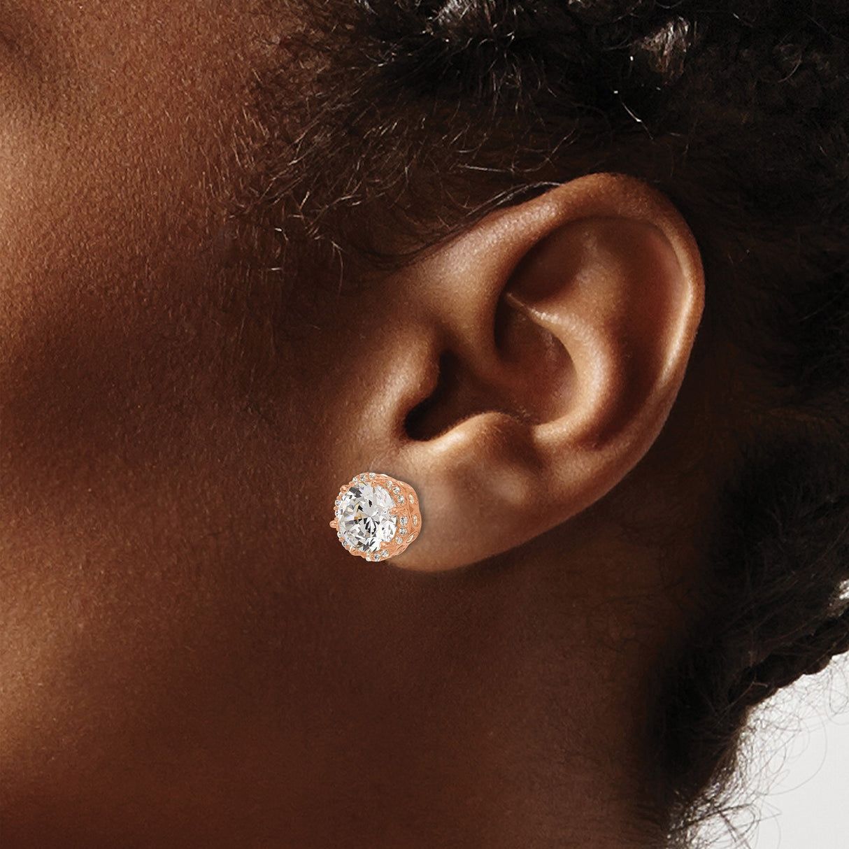10k Rose Gold Stud Earrings with Round Cut Cubic Zirconia and Halo Setting