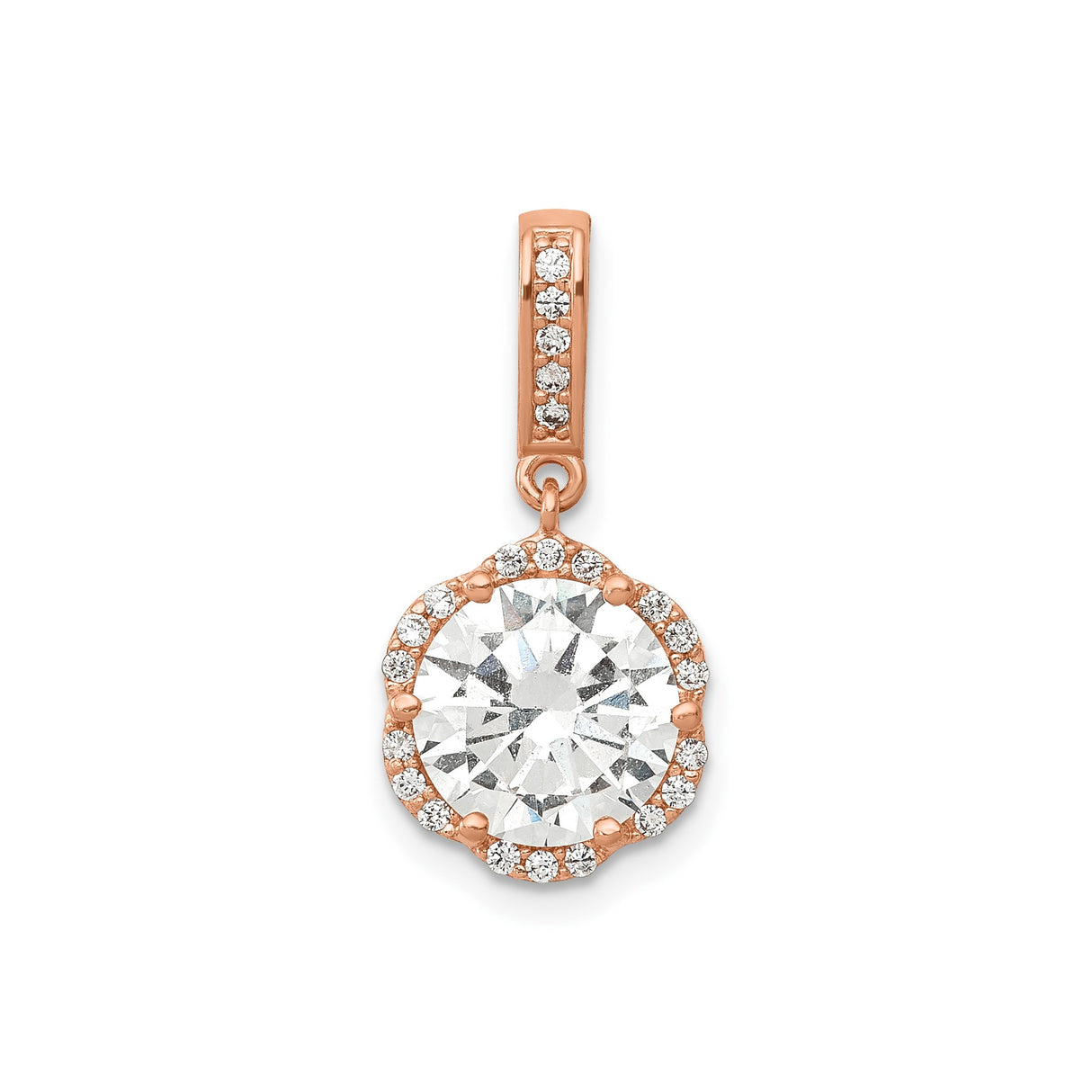 10k Rose Gold Halo Pendant with Cubic Zirconia Center and White Accents