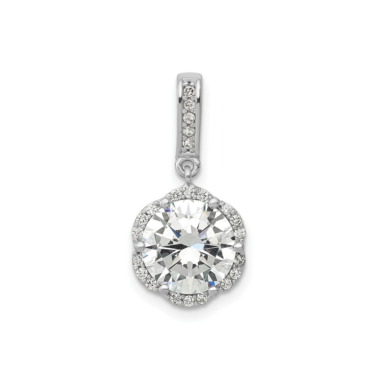 10k White Gold Pendant with Cubic Zirconia, Halo Design, Polished Solitaire Charm for Women
