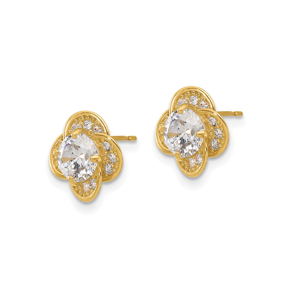10k Yellow Gold Stud Earrings with Cubic Zirconia, Floral Clover Design