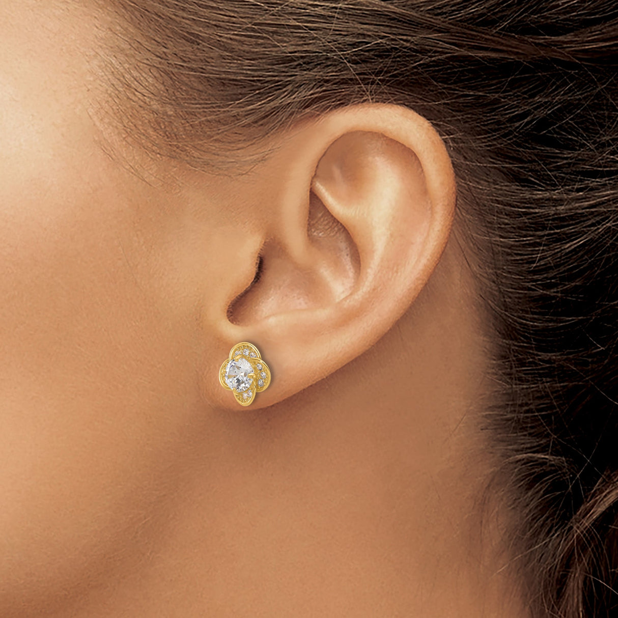 10k Yellow Gold Stud Earrings with Cubic Zirconia, Floral Clover Design