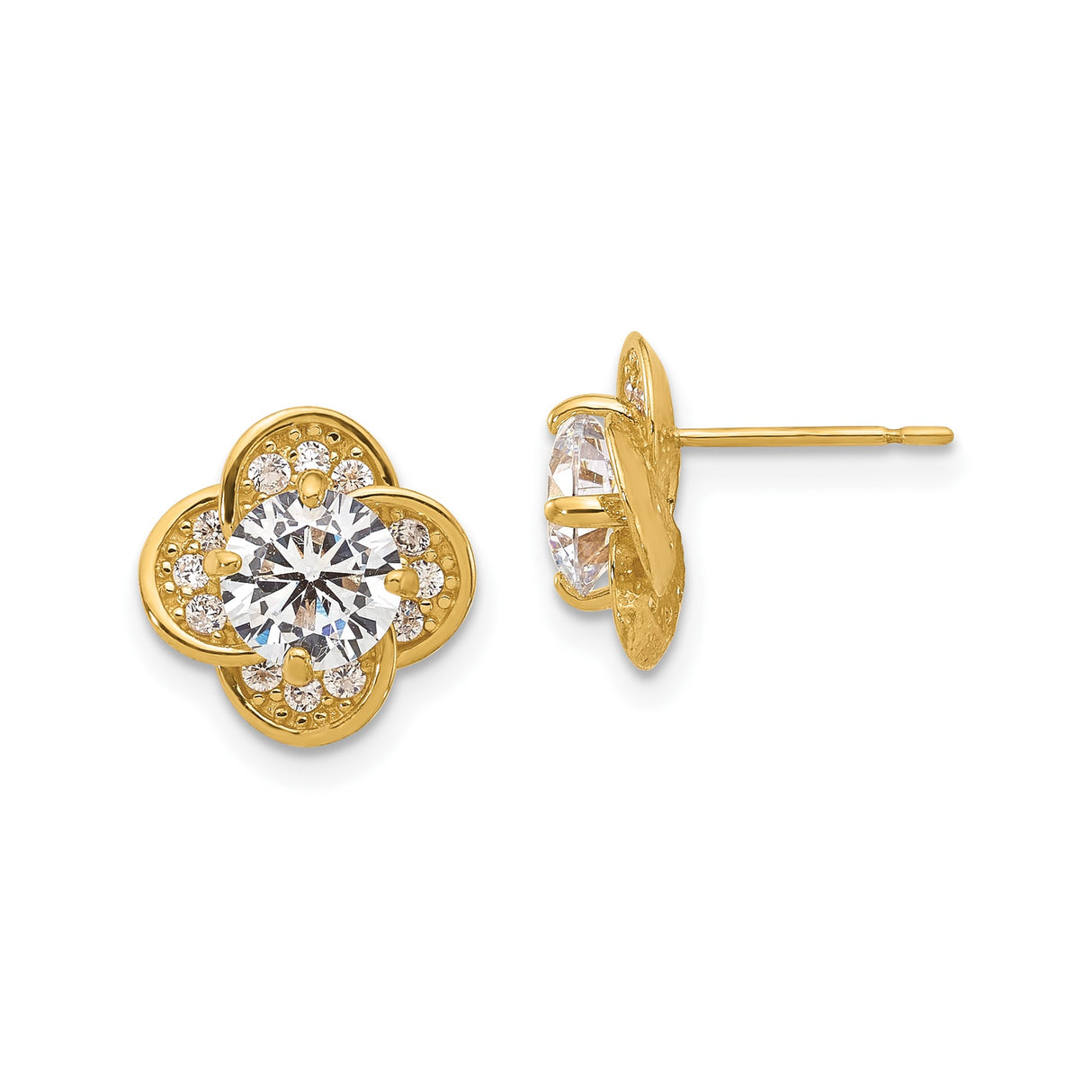 10k Yellow Gold Stud Earrings with Cubic Zirconia, Floral Clover Design