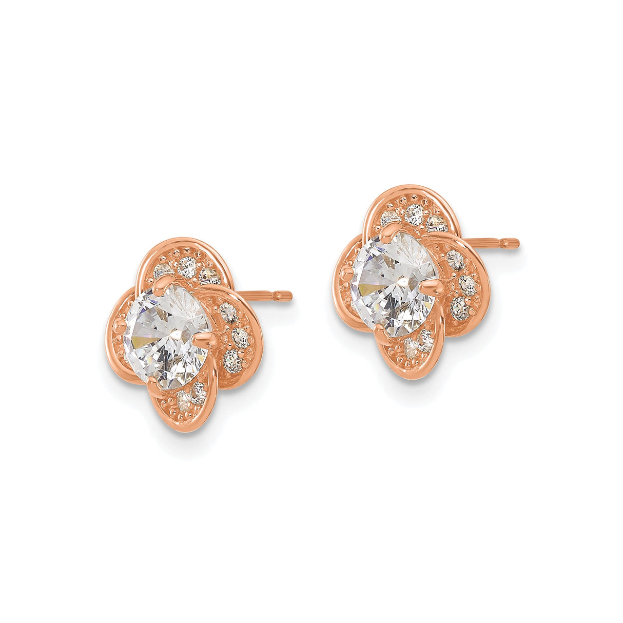10k Rose Gold Floral Stud Earrings with Cubic Zirconia, Clover Design for Women