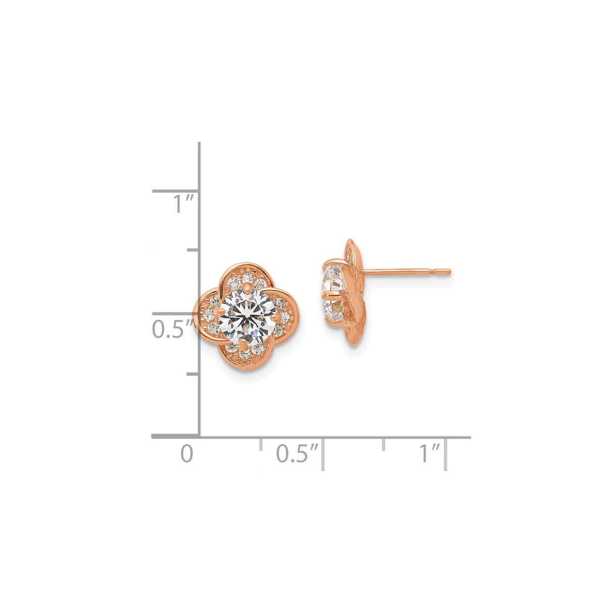 10k Rose Gold Floral Stud Earrings with Cubic Zirconia, Clover Design for Women