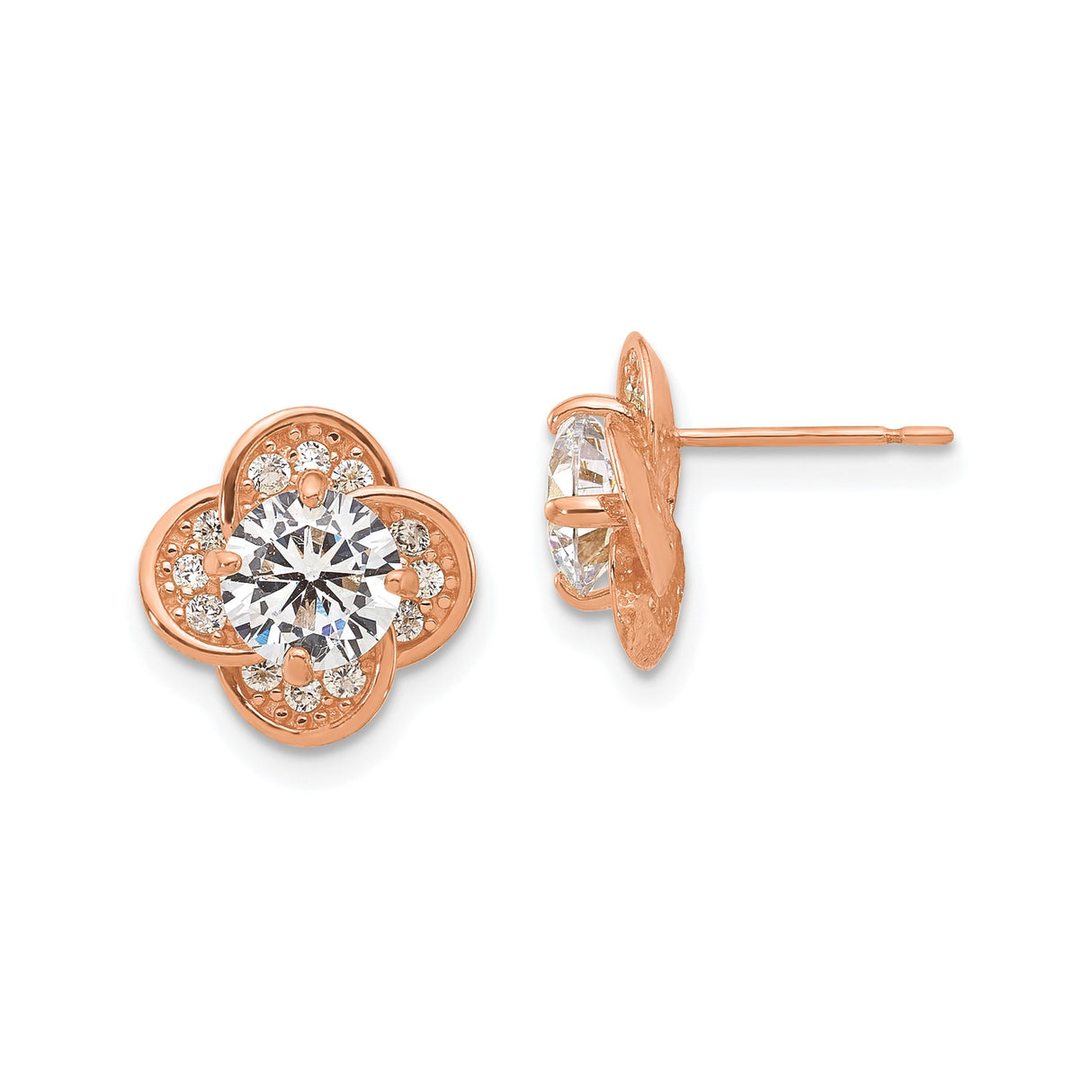 10k Rose Gold Floral Stud Earrings with Cubic Zirconia, Clover Design for Women