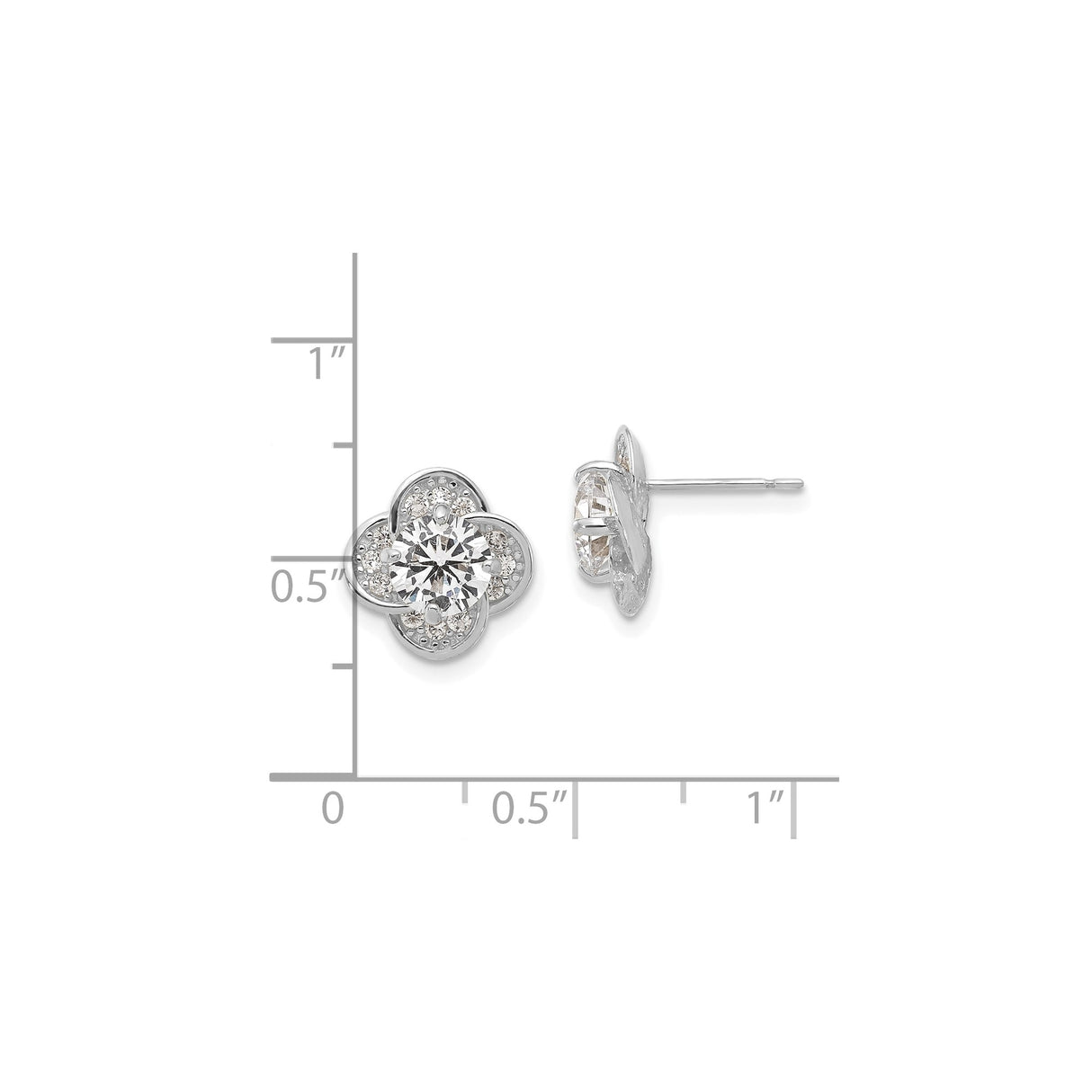 10k White Gold Stud Earrings with Cubic Zirconia, Floral Loop and Clover Design