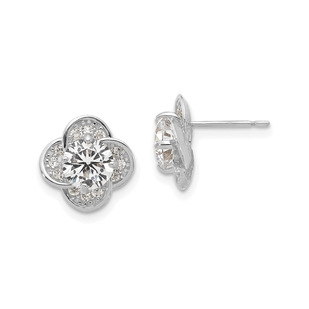 10k White Gold Stud Earrings with Cubic Zirconia, Floral Loop and Clover Design