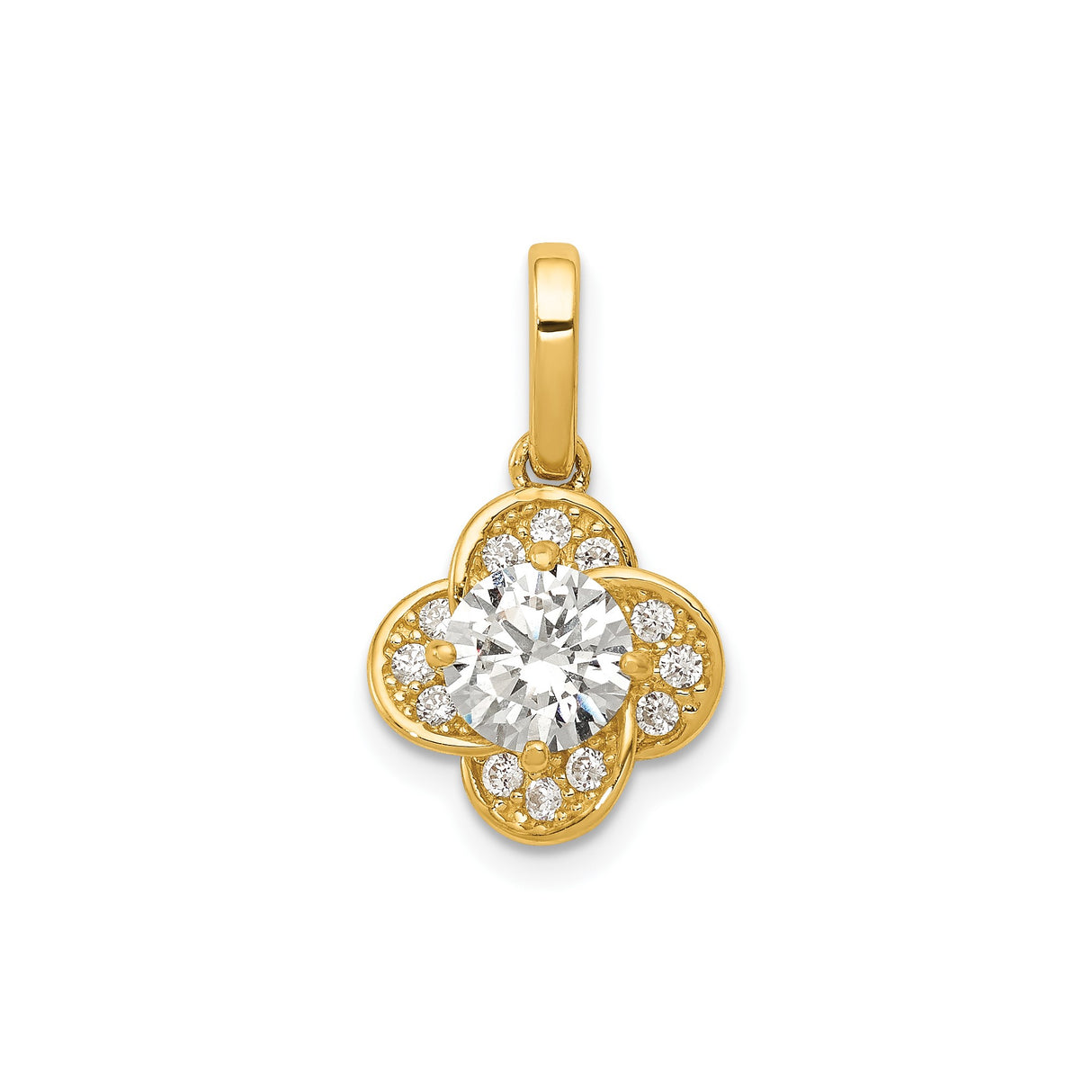 10k Yellow Gold Pendant with Cubic Zirconia, Diamond Pavé, Floral Clover Design for Women