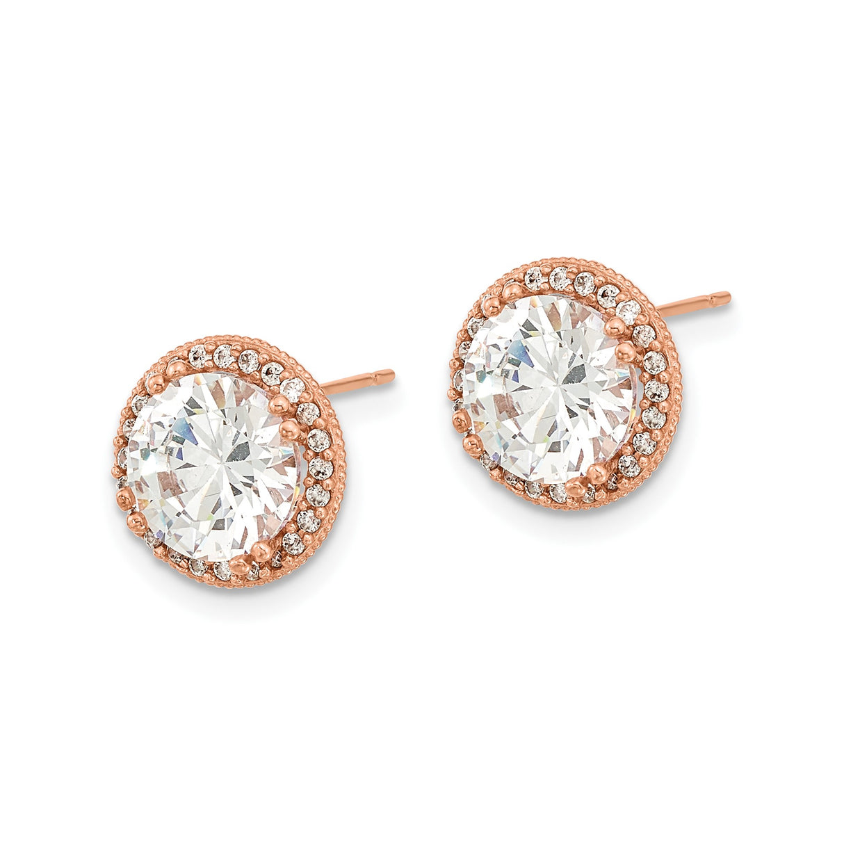 10k Rose Gold Halo Stud Earrings with Round Cubic Zirconia and Vintage Filigree Design