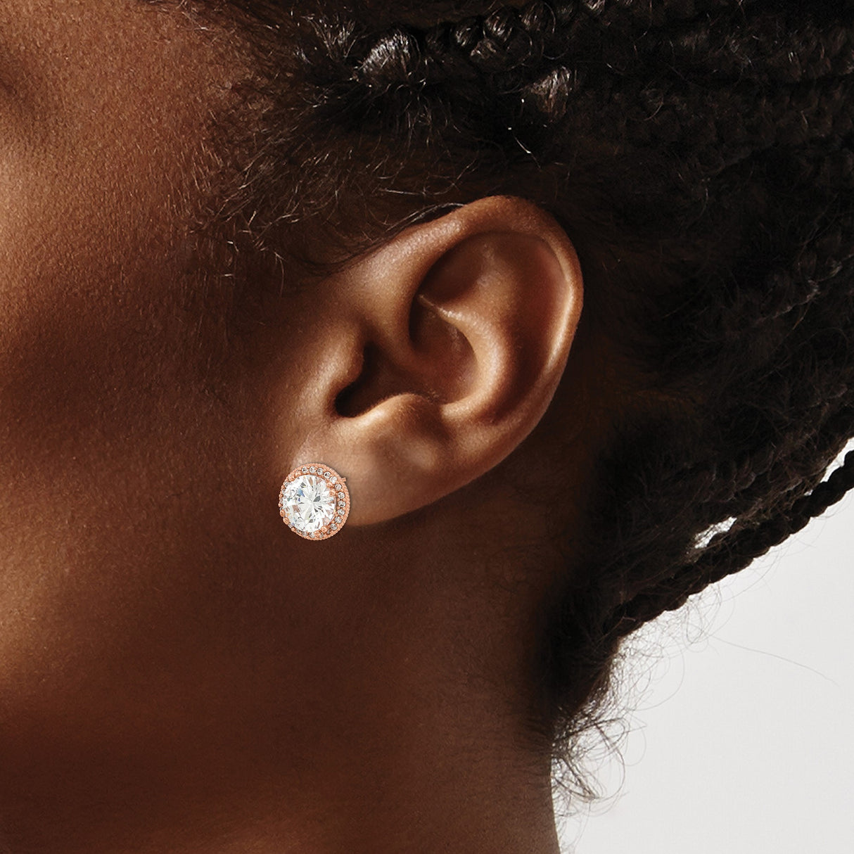 10k Rose Gold Halo Stud Earrings with Round Cubic Zirconia and Vintage Filigree Design