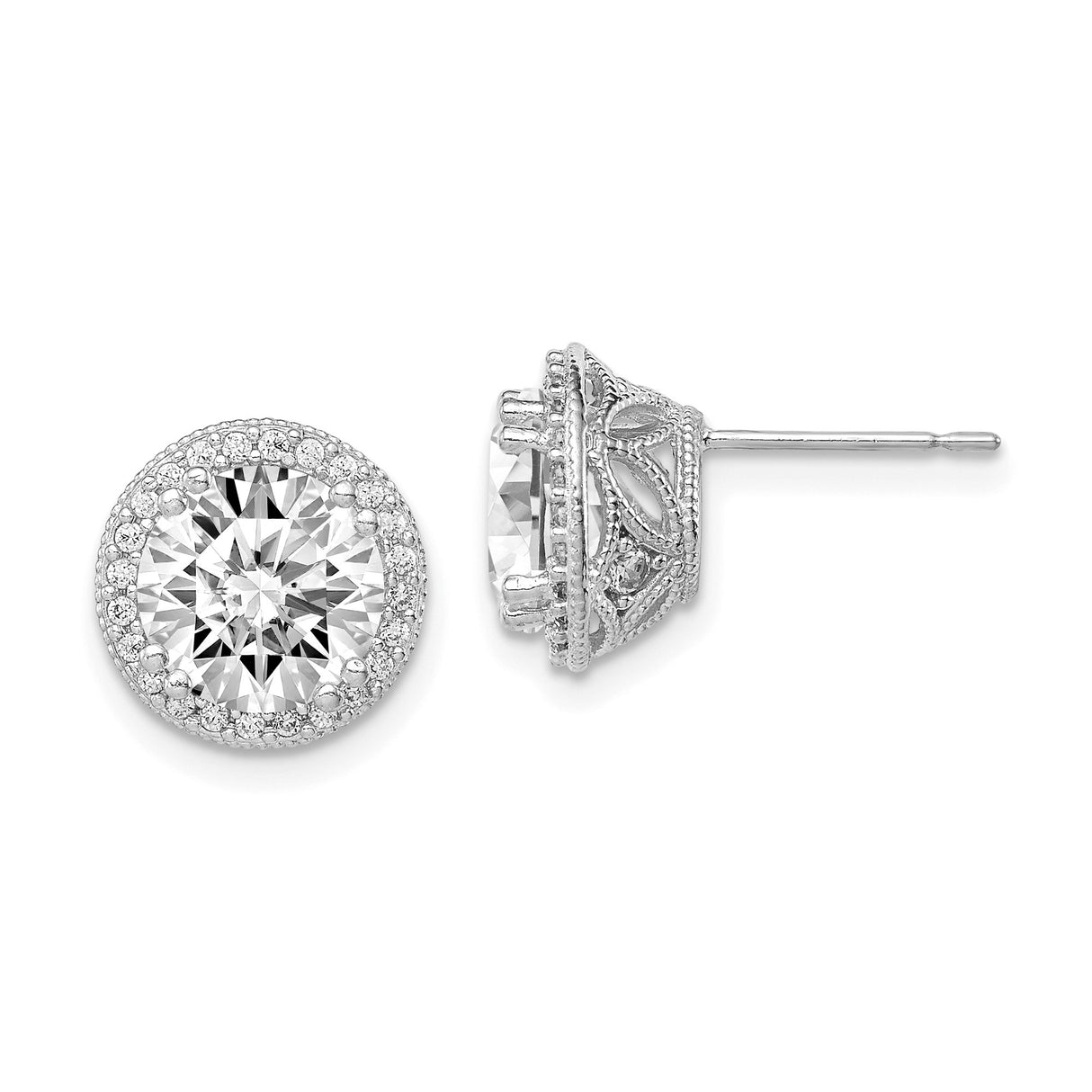 10k White Gold Stud Earrings with Cubic Zirconia and Vintage Halo Filigree Design