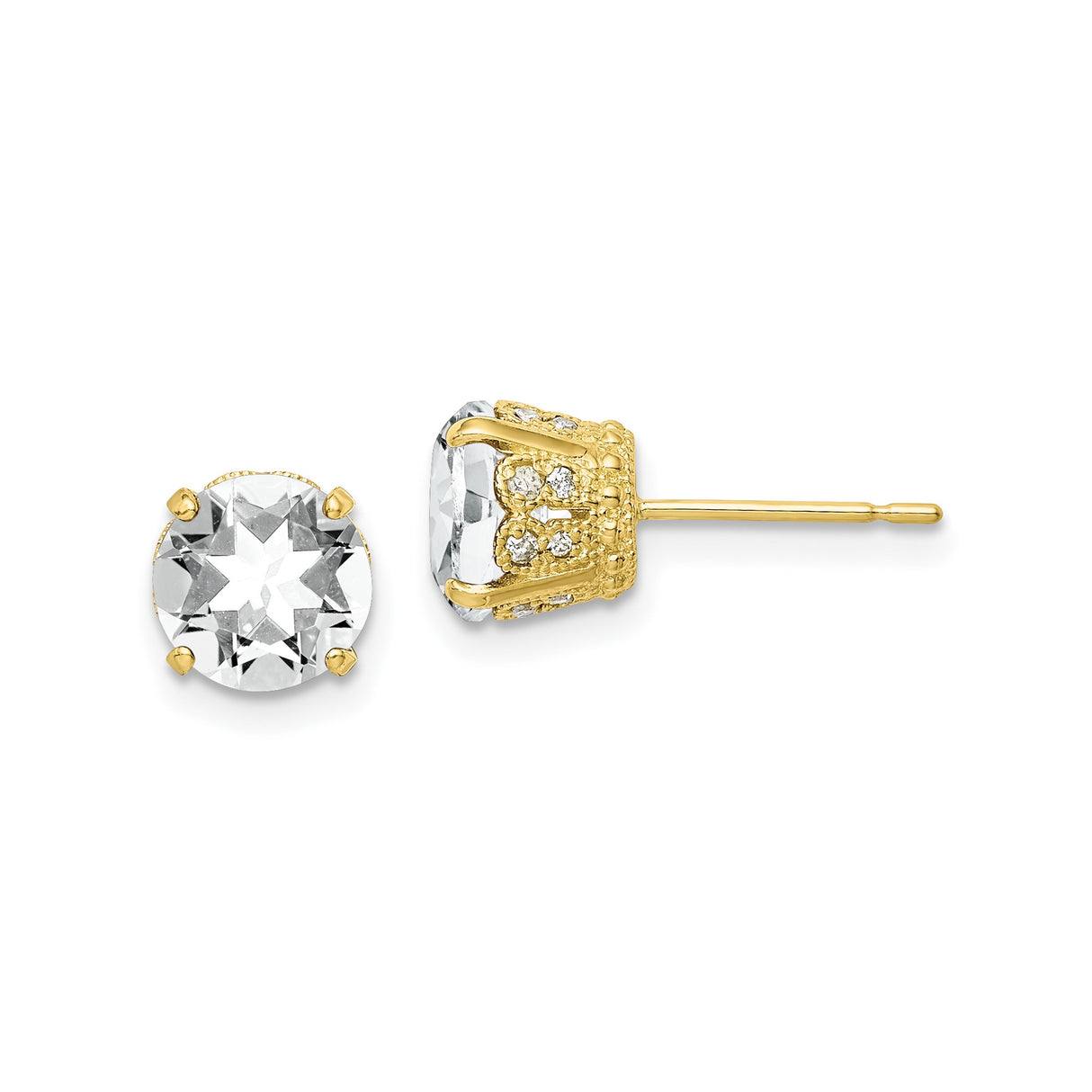 10k Yellow Gold Stud Earrings with Created Sapphire and Diamond Accents, Crown Setting, Polished Finish
