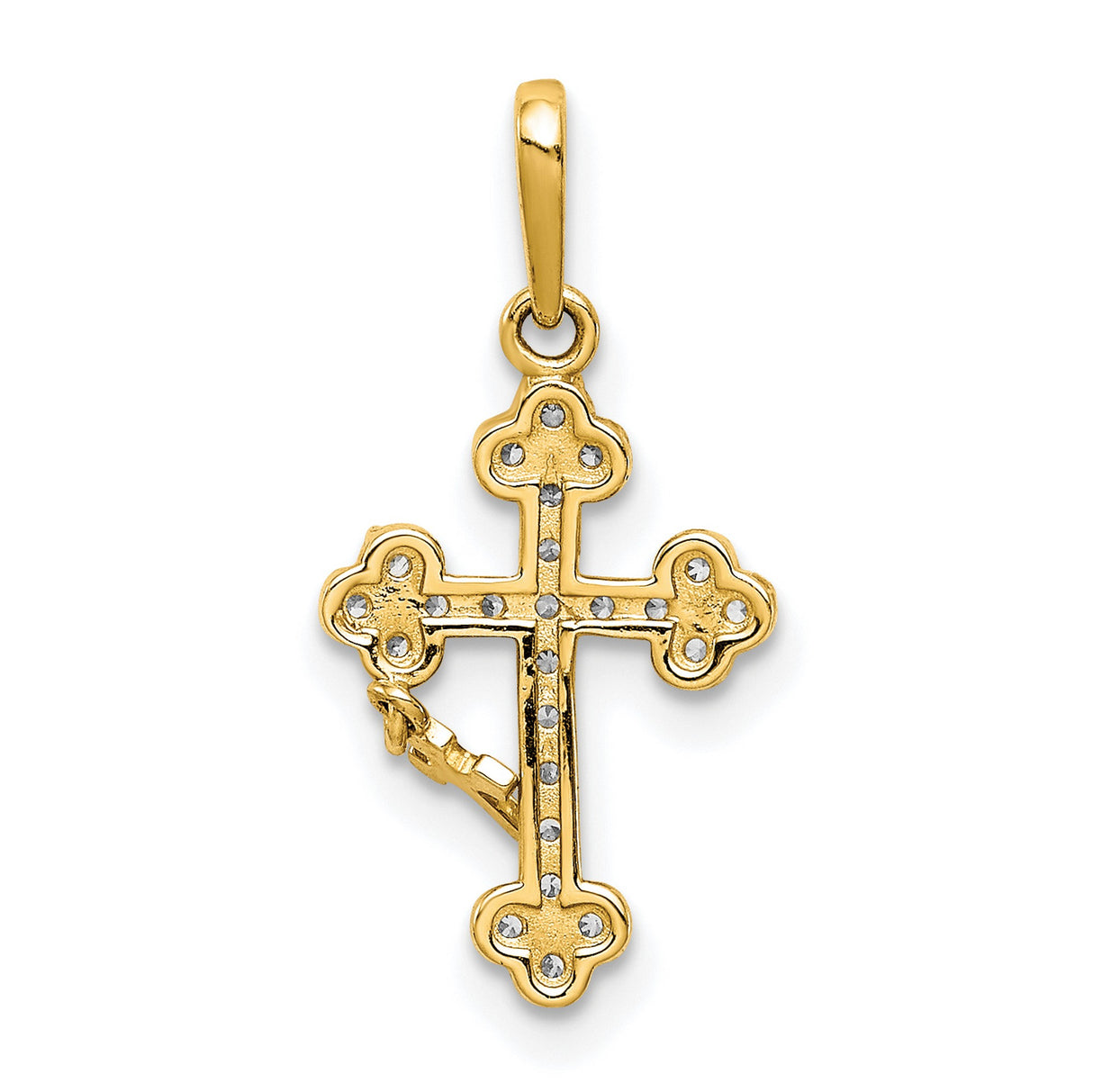 10k Yellow Gold Budded Cross Pendant with Cubic Zirconia, Dual Charm Religious Design