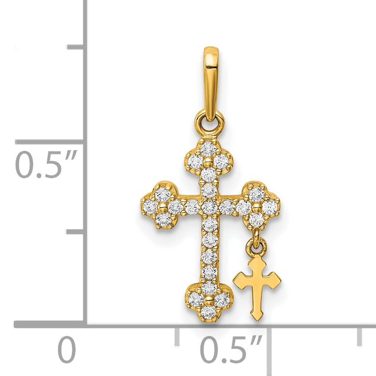 10k Yellow Gold Budded Cross Pendant with Cubic Zirconia, Dual Charm Religious Design