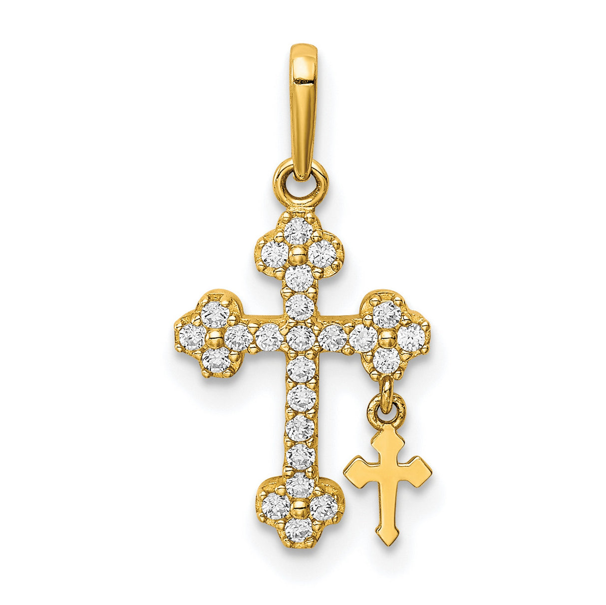 10k Yellow Gold Budded Cross Pendant with Cubic Zirconia, Dual Charm Religious Design