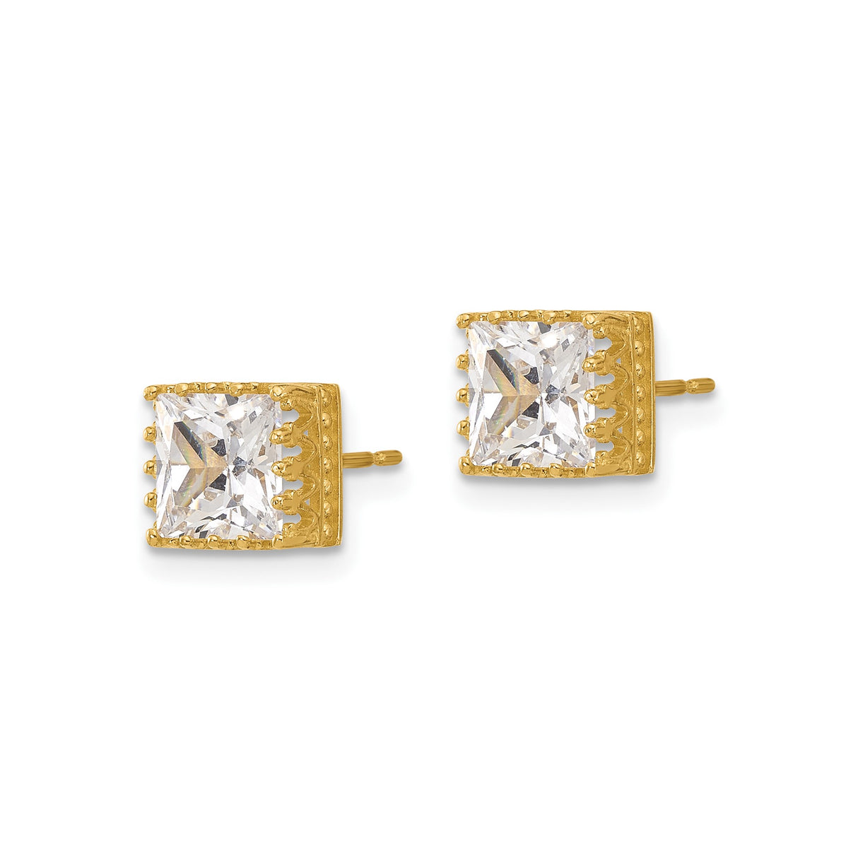 10k Yellow Gold Stud Earrings with Cubic Zirconia, Princess Cut Crown Setting