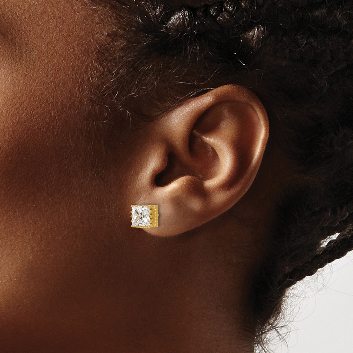10k Yellow Gold Stud Earrings with Cubic Zirconia, Princess Cut Crown Setting