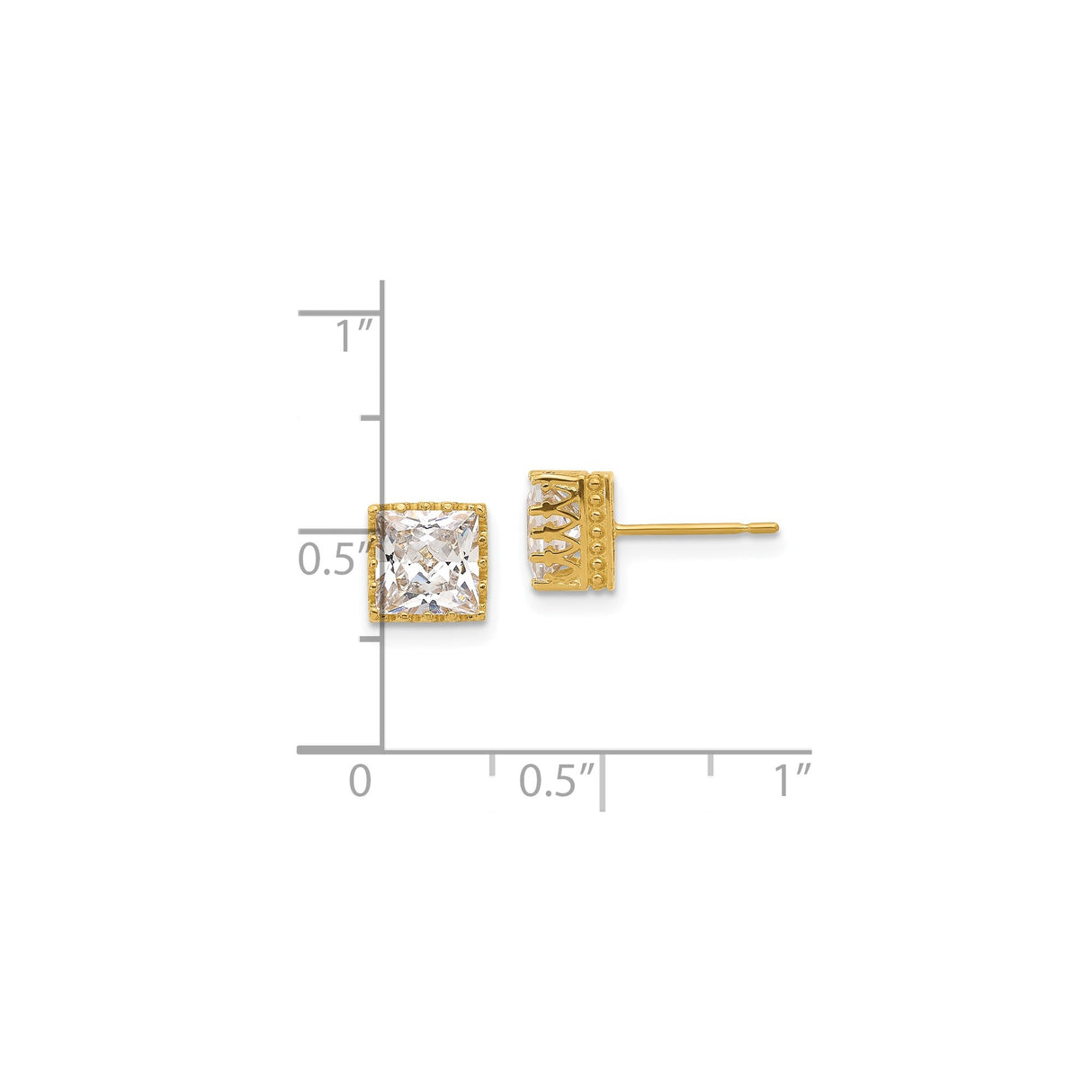 10k Yellow Gold Stud Earrings with Cubic Zirconia, Princess Cut Crown Setting