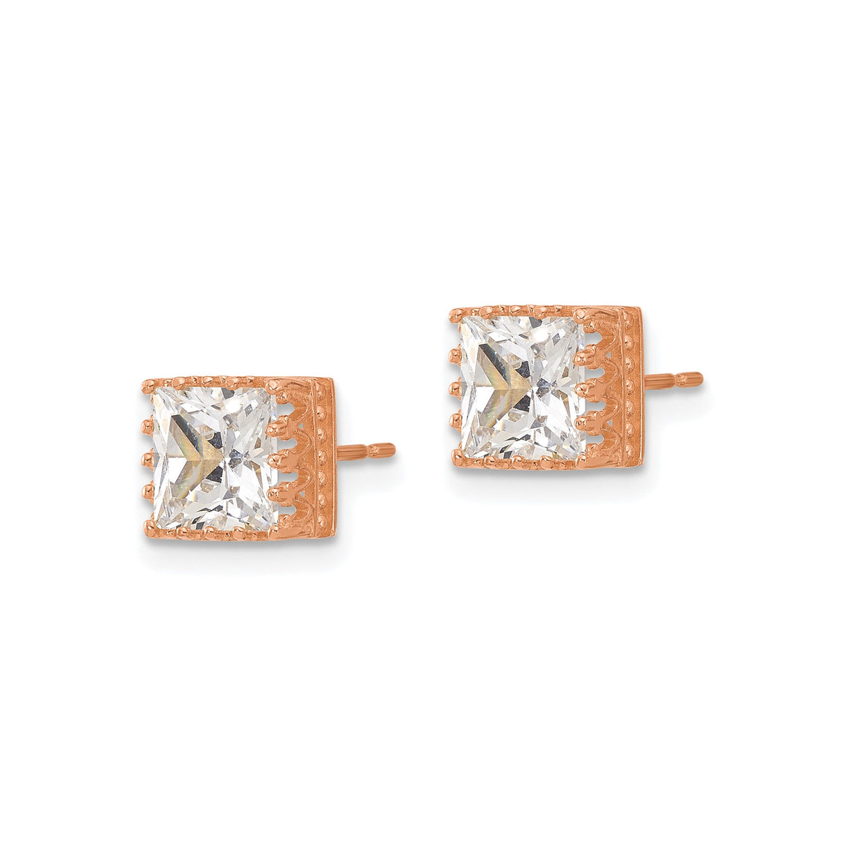 10k Rose Gold Stud Earrings with Square Cut Cubic Zirconia in Vintage Crown Setting
