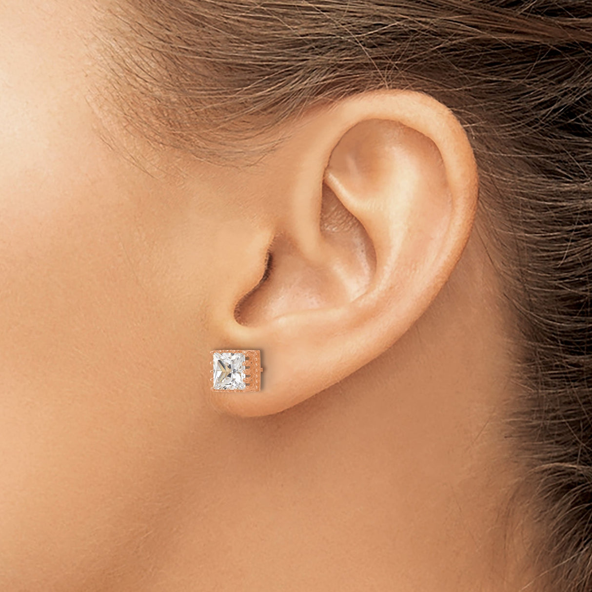 10k Rose Gold Stud Earrings with Square Cut Cubic Zirconia in Vintage Crown Setting