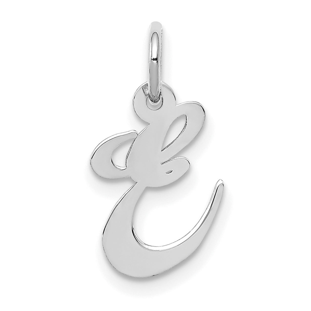 10k White Gold Script Initial E Pendant, Polished Cursive Letter Charm for Women