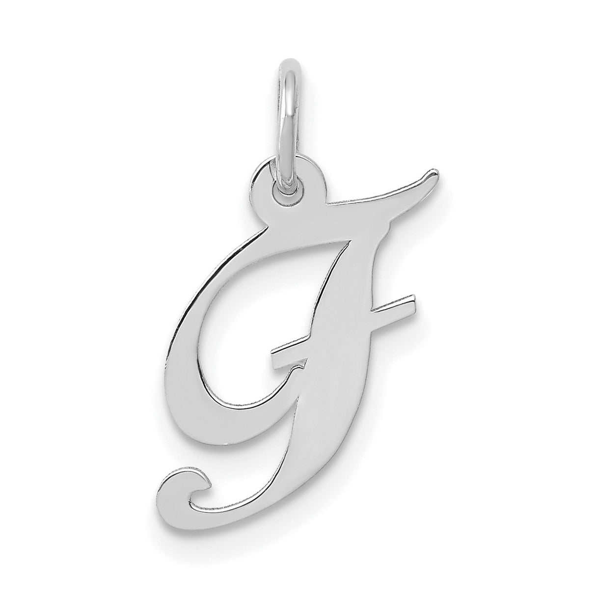 10k White Gold Letter F Pendant, Script Initial Charm, Polished Alphabet Jewelry for Women