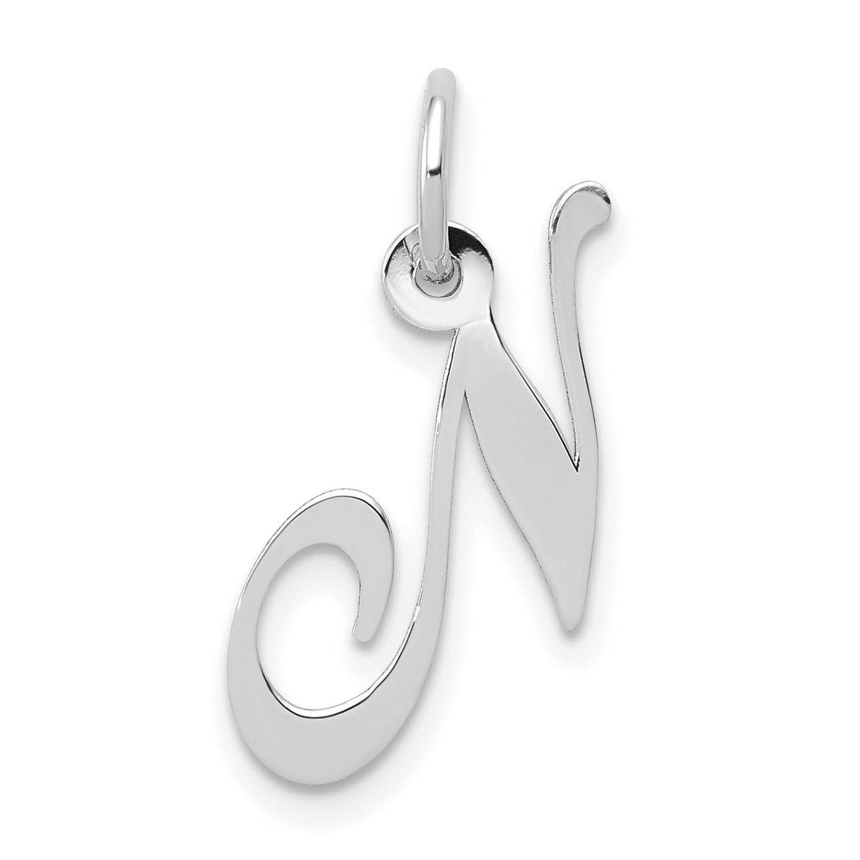 10k White Gold Script Initial N Pendant, Polished Cursive Letter Charm for Necklace or Bracelet