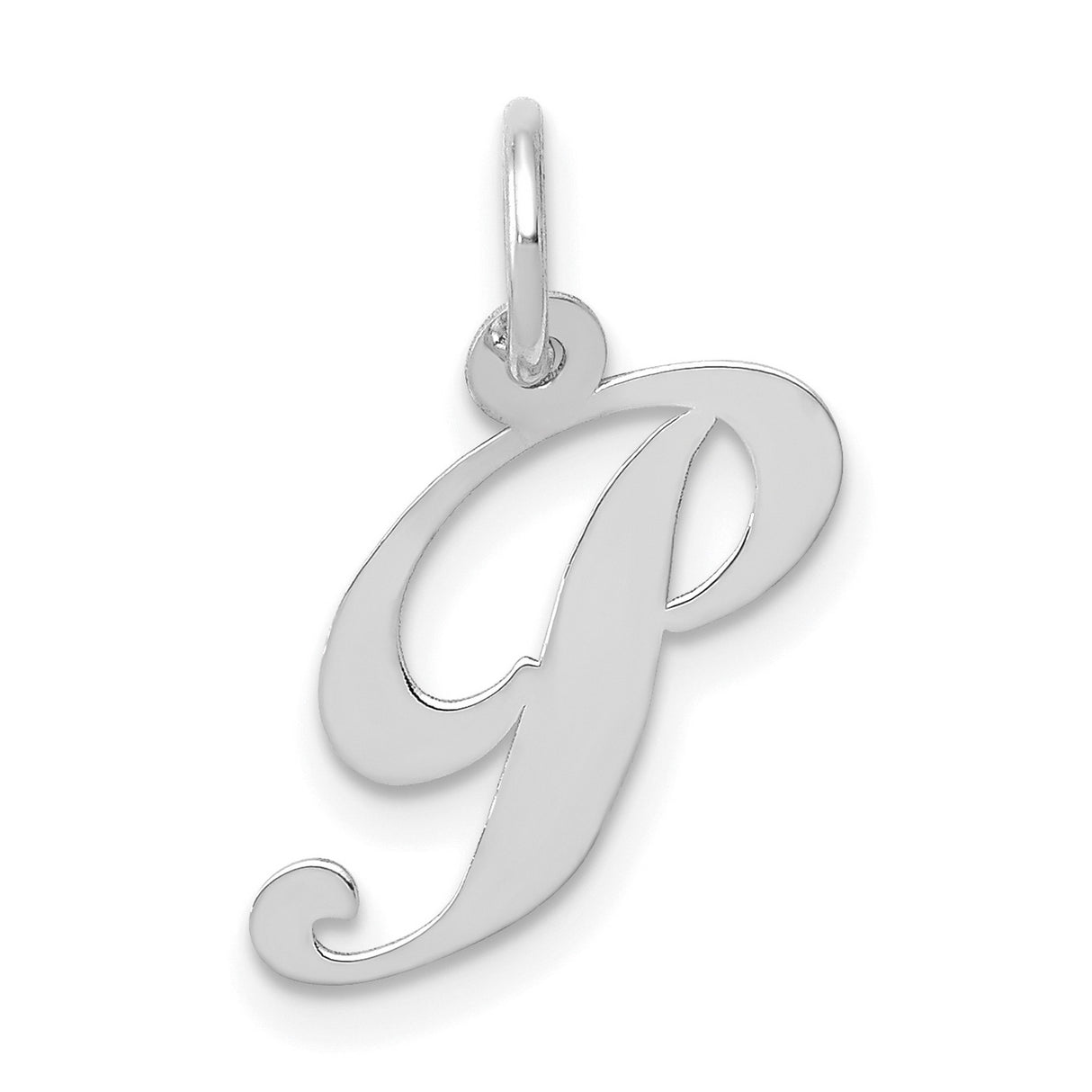 10k White Gold Script Initial P Pendant, Polished Cursive Monogram Charm for Women