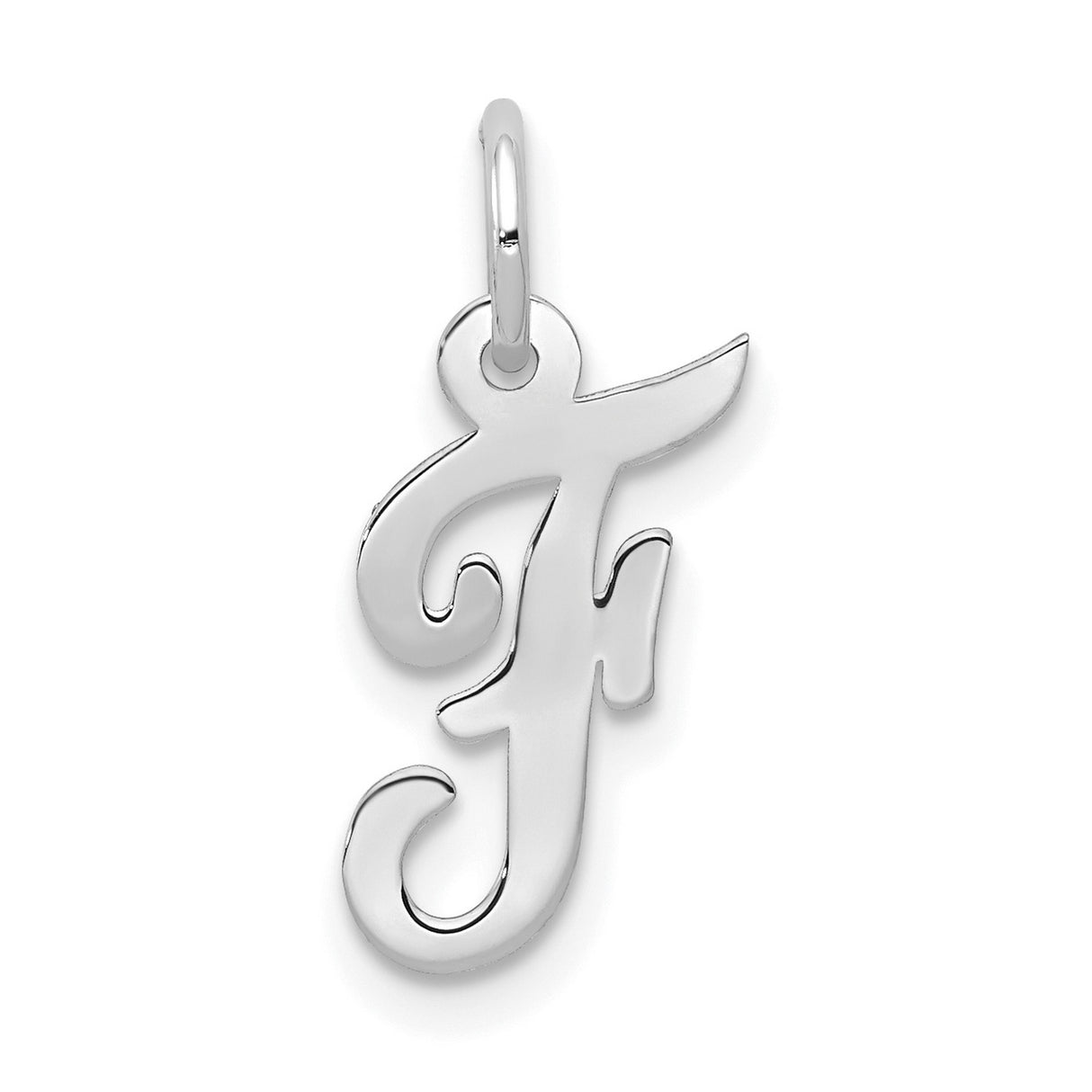 10k White Gold Initial F Pendant, Polished Cursive Letter Charm for Women