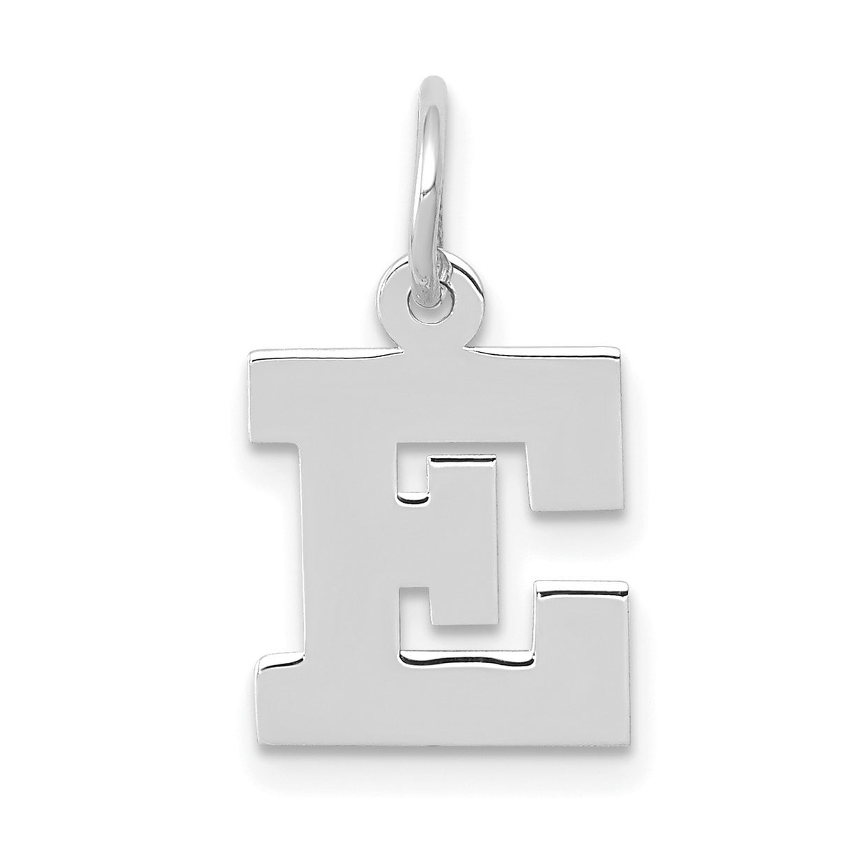 10k White Gold Letter E Pendant, Block Initial Charm, Clean Modern Design, Unisex