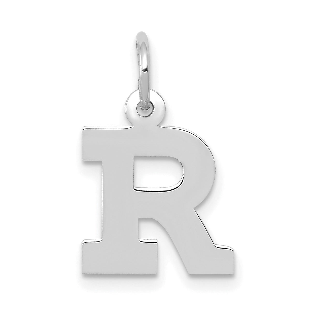 10k White Gold Letter R Pendant, Polished Block Initial Charm for Women or Unisex Wear