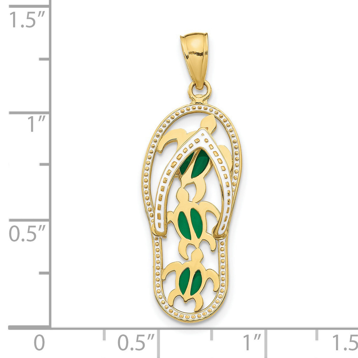 10k Yellow Gold Flip Flop Pendant with Green Enamel Sea Turtles, Ocean and Beach Theme