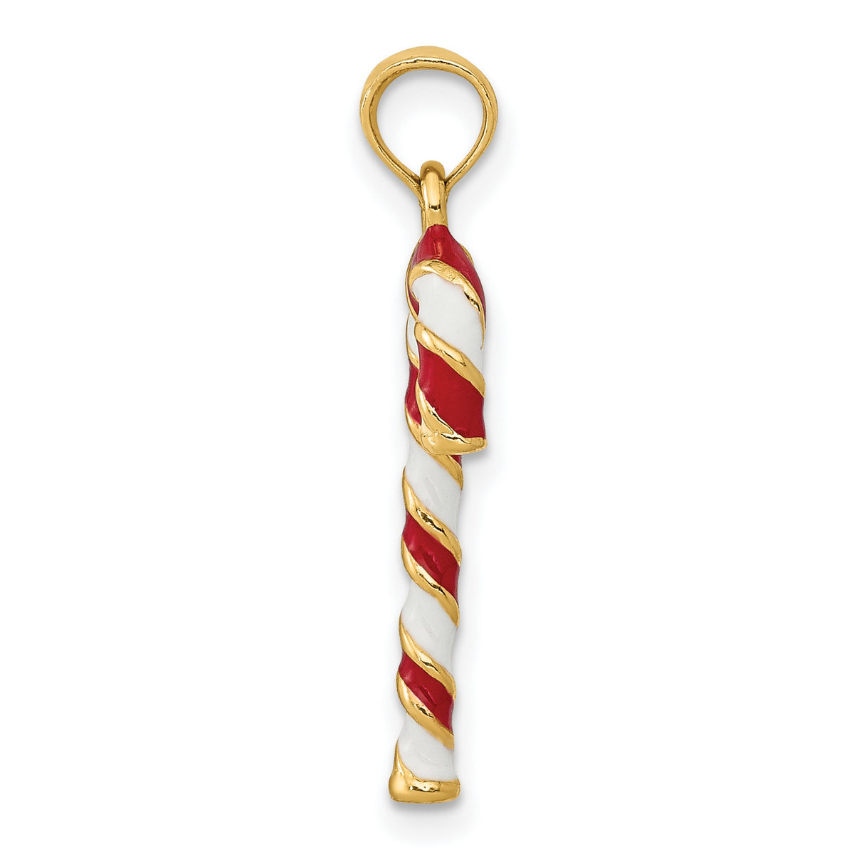 10k Yellow Gold Candy Cane Pendant with Red and White Enamel Stripes, Christmas Charm