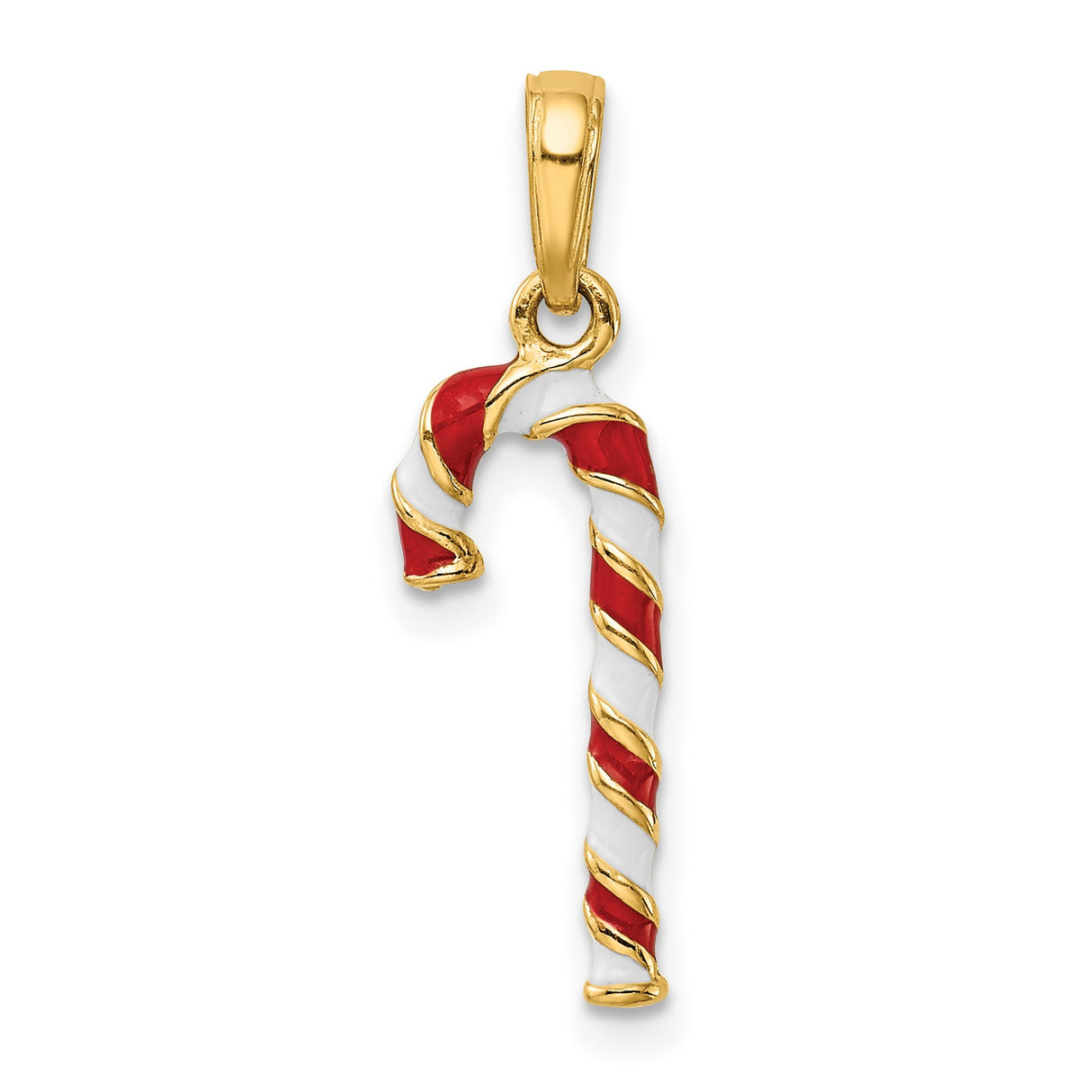 10k Yellow Gold Candy Cane Pendant with Red and White Enamel Stripes, Christmas Charm